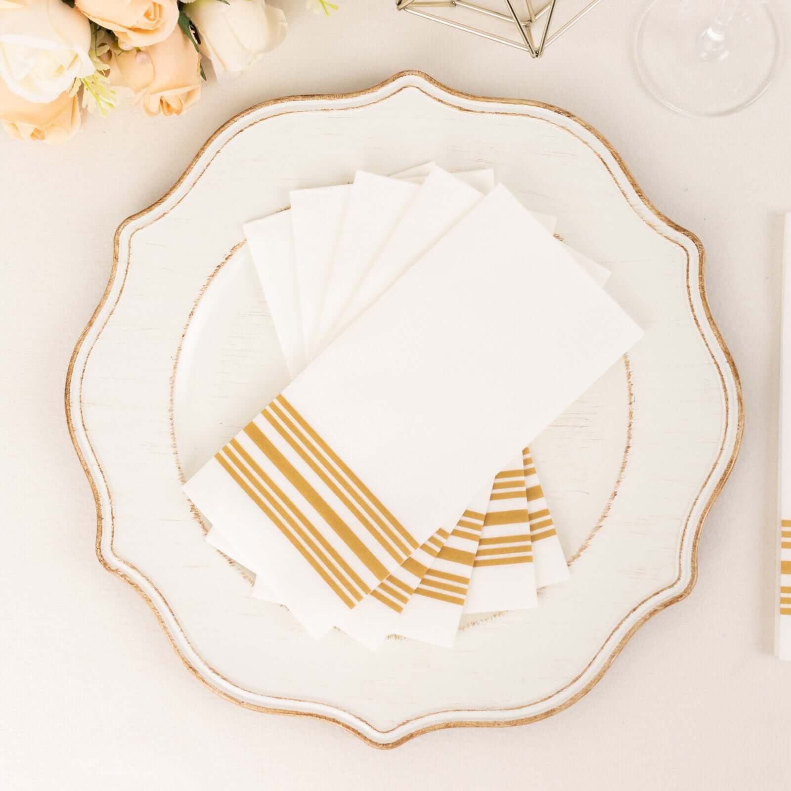 20-Pack Paper Guest Towels White Linen-Like with Gold Lines - Disposable Airlaid Napkins for Formal and Casual Use 8"x4"