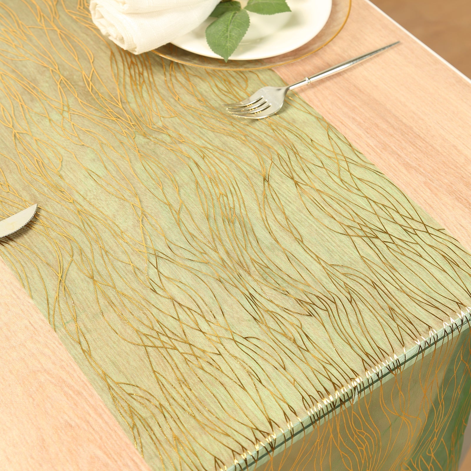 5 Pack Organza 12"x108" Table Runners Hunter Emerald Green - Gold Wave Design