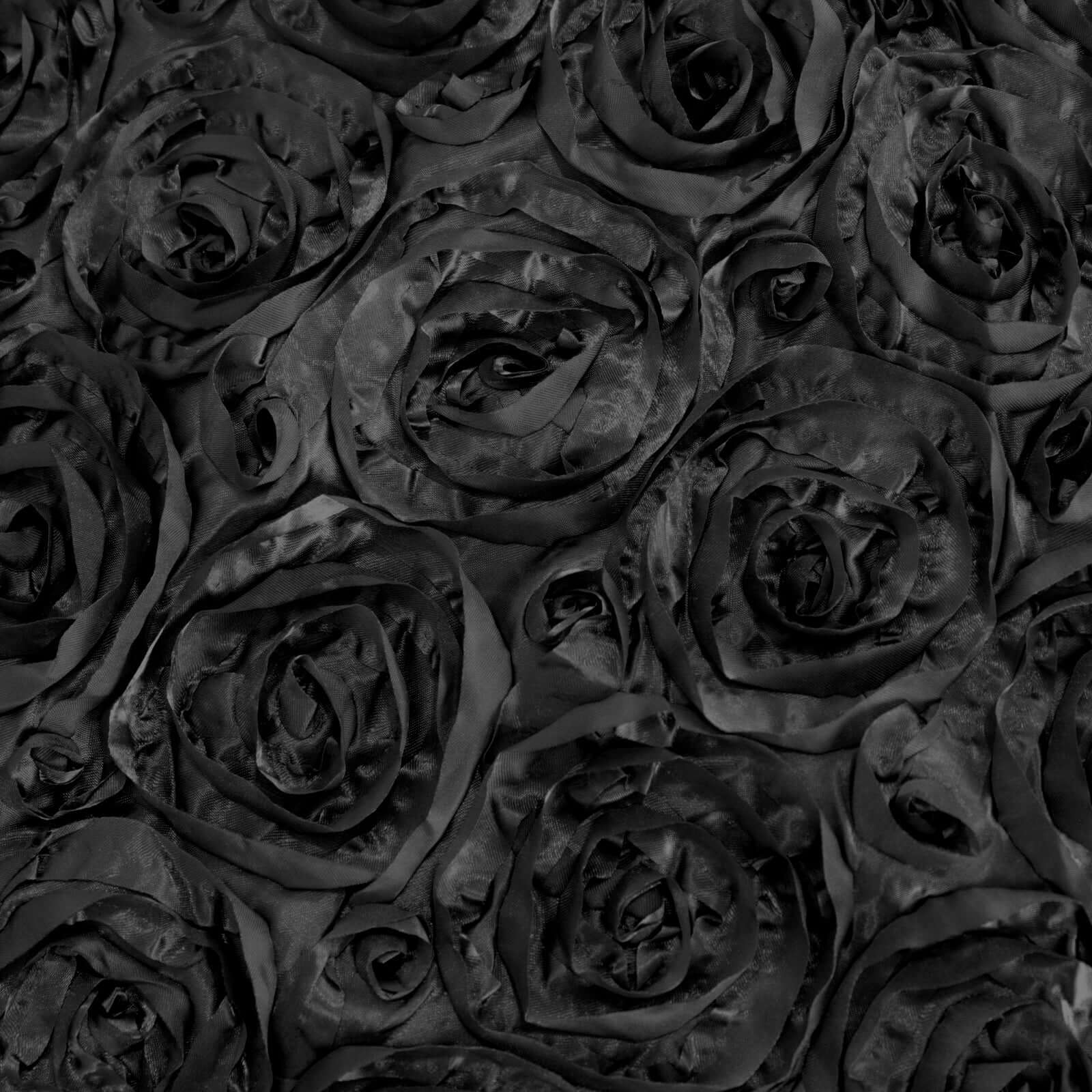 Satin 90"x132" Rectangle Tablecloth Black - Grandiose 3D Rosette Design with Seamless Finish for Graceful Gatherings