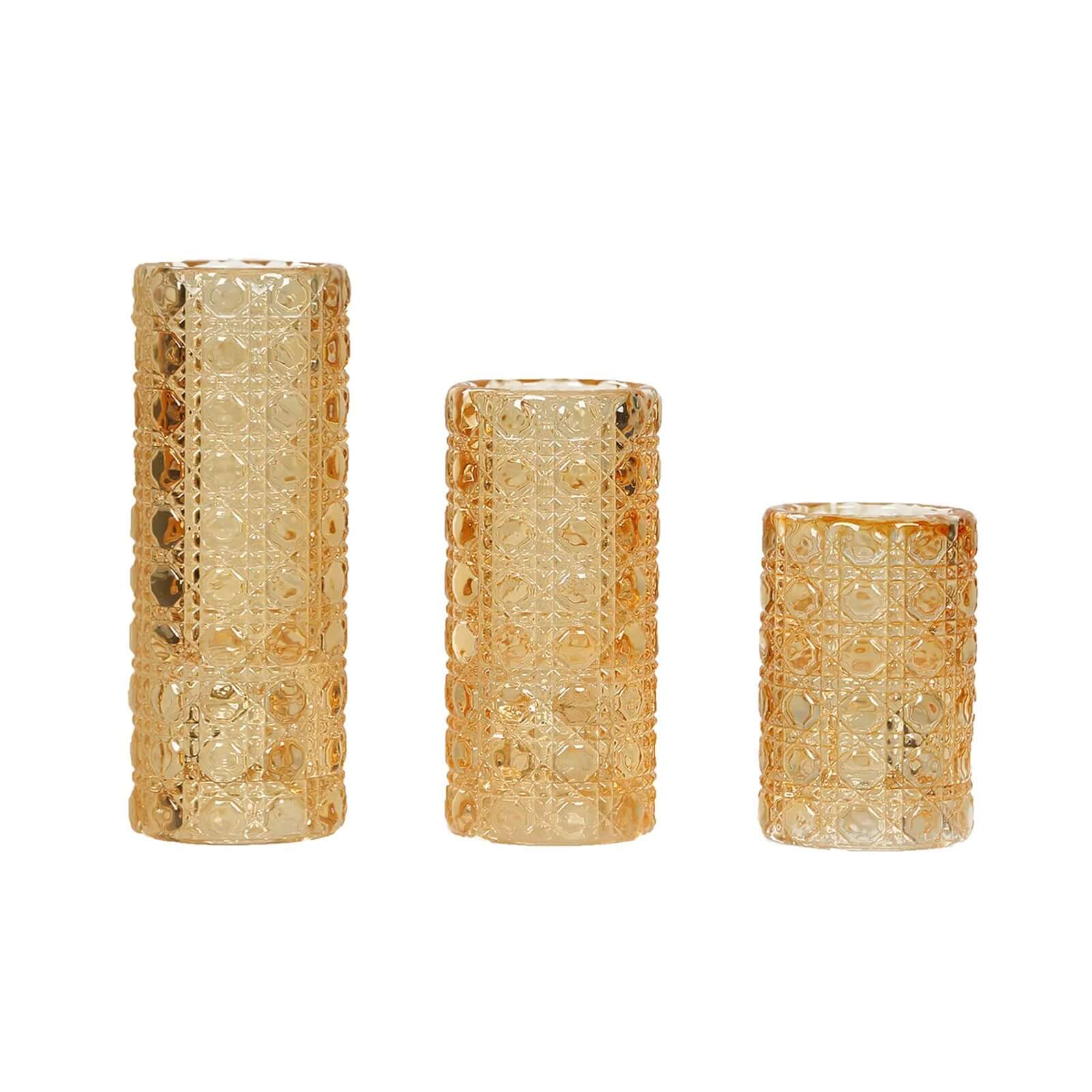 Set of 3 Glass Taper Candle Holders Amber Gold with Gemstone Pattern - Dual Sided Crystal Cylinder Tealight Stands 3", 4", 5.5"