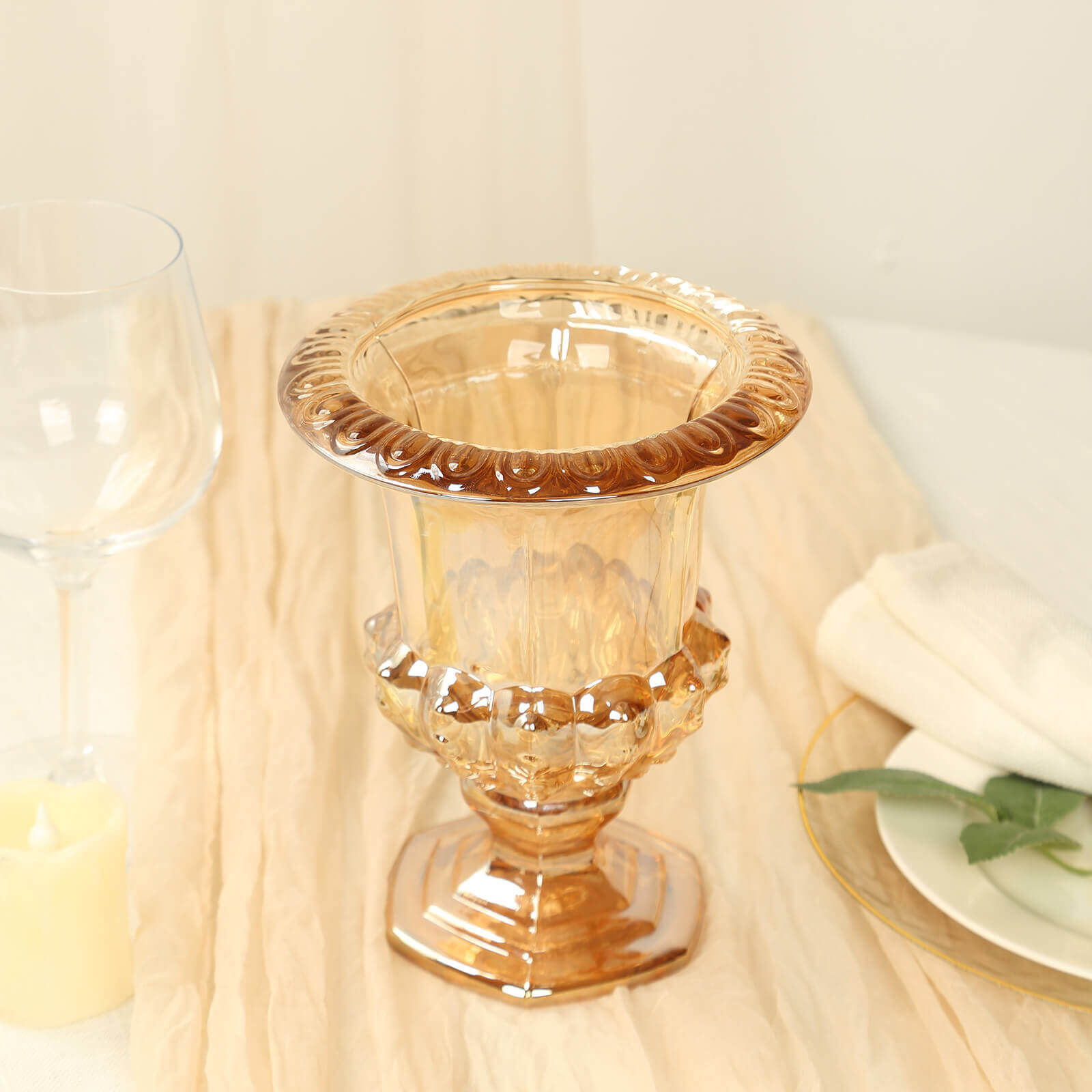 2-Pack Glass Mini Pedestal Flower Vases in Classic Roman Urn Style Amber Gold - Sophisticated Wedding Table Centerpieces 8"
