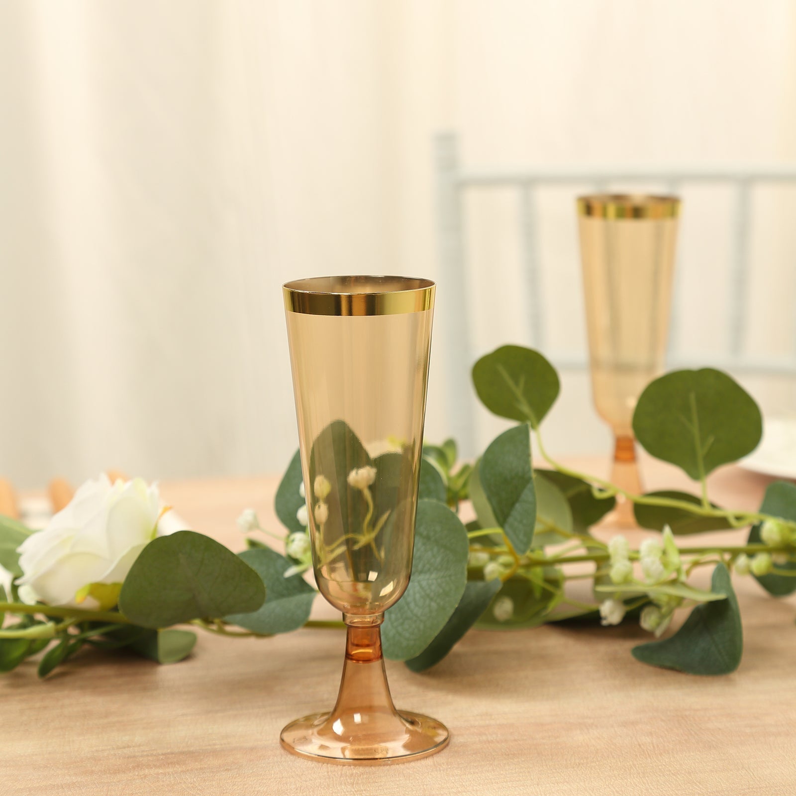 12-Pack Plastic Champagne Flutes Transparent Amber Gold with Gold Rim - Stylish Disposable Cocktail Glasses for Parties 5oz 6"