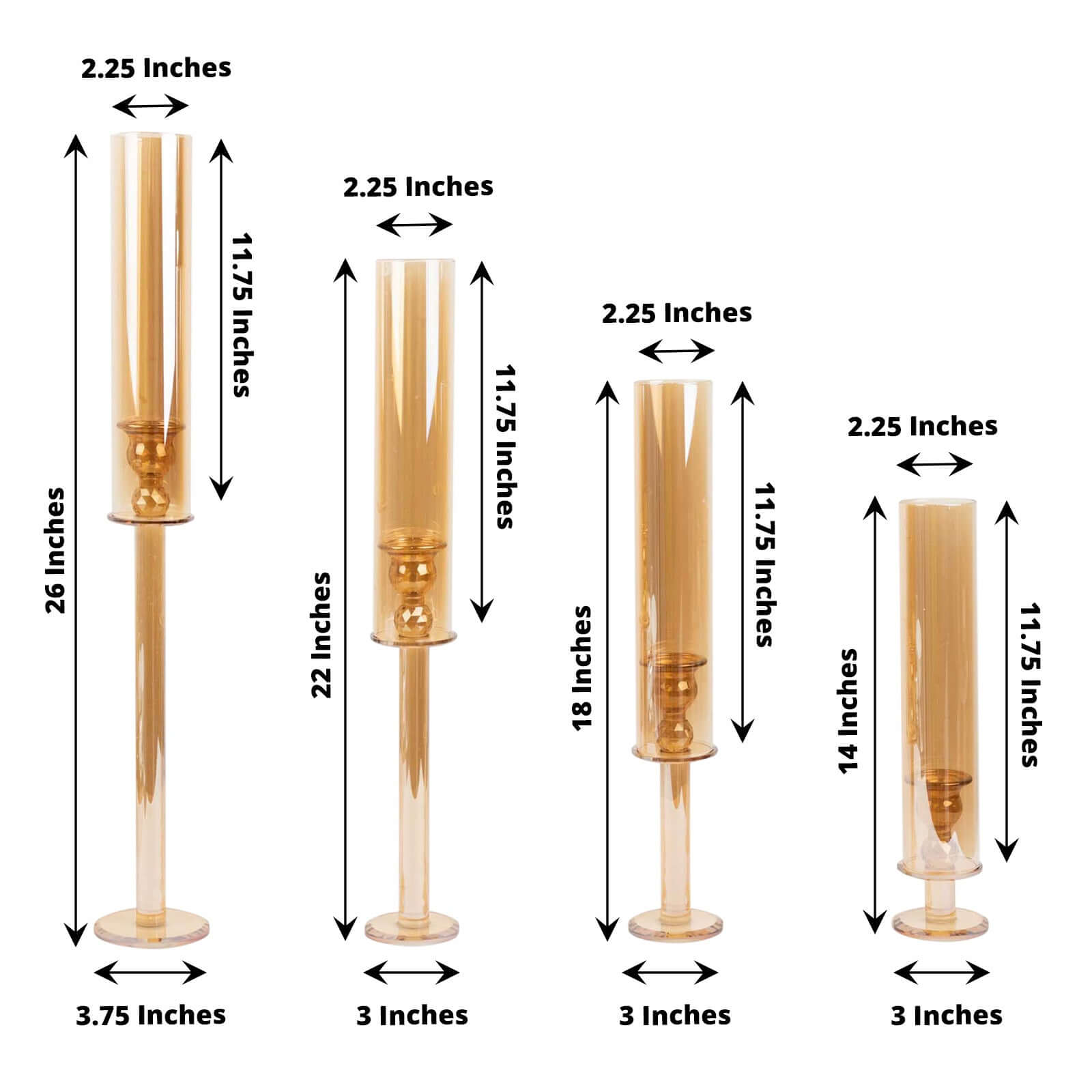 Set of 4 Crystal Glass Hurricane Taper Candle Holders, Decorative Tall Candle Stands Gold Cylinder Chimney Tubes 14", 18", 22", 26"