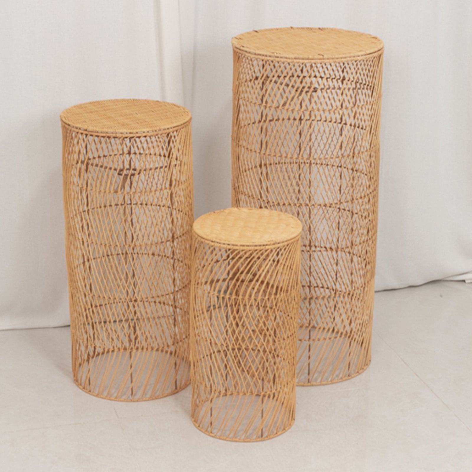 Set of 3 Natural Woven Rattan Wicker Pedestal Stand Floor Lamp Shades with Wave Pattern, Rustic Farmhouse Cylinder Display Stands With Plug In Light Cord - 19",27",33"