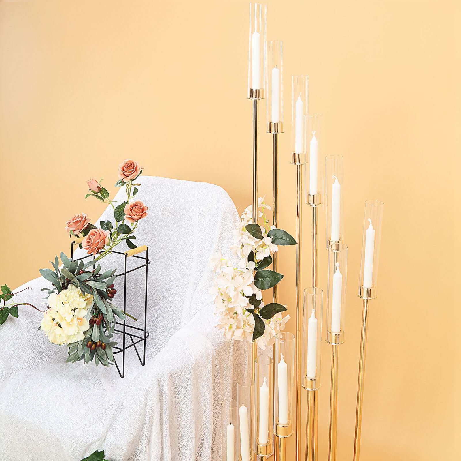 12-Arm Cluster Taper Candle Holder Gold with Clear Glass Shades - Grand Candle Arrangement for Events 57"