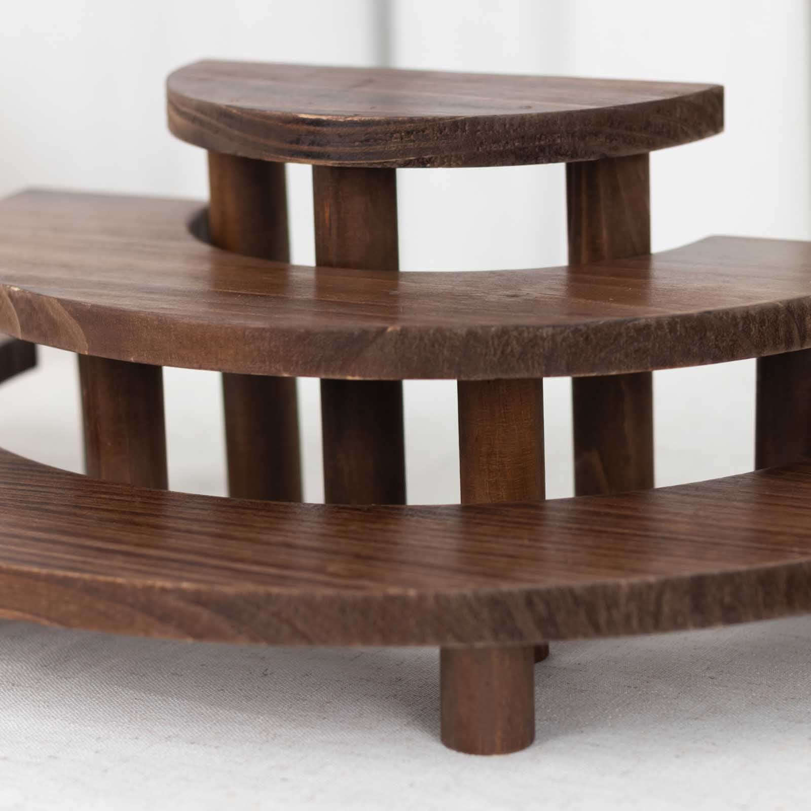 Set of 3 Wooden Dessert Pedestals Rustic Brown 3-Tier Semicircle Design - Half Moon Cupcake Display Risers 7", 13", 18"