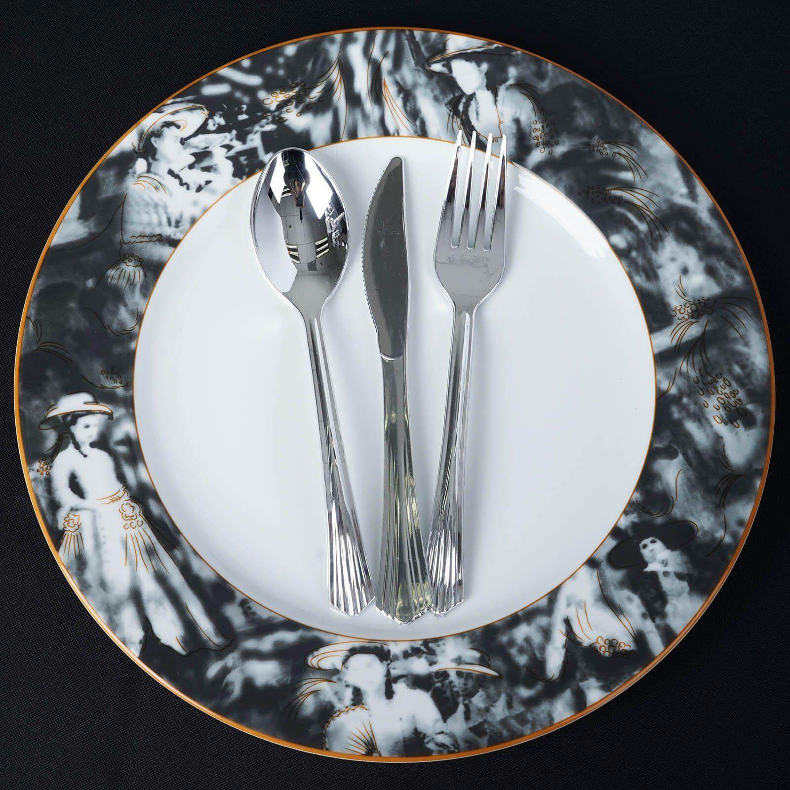 12-Pack Porcelain Dinner Plates White/Black Break Resistant - Durable Microwave Safe Plates with Art Nouveau Rim 11"