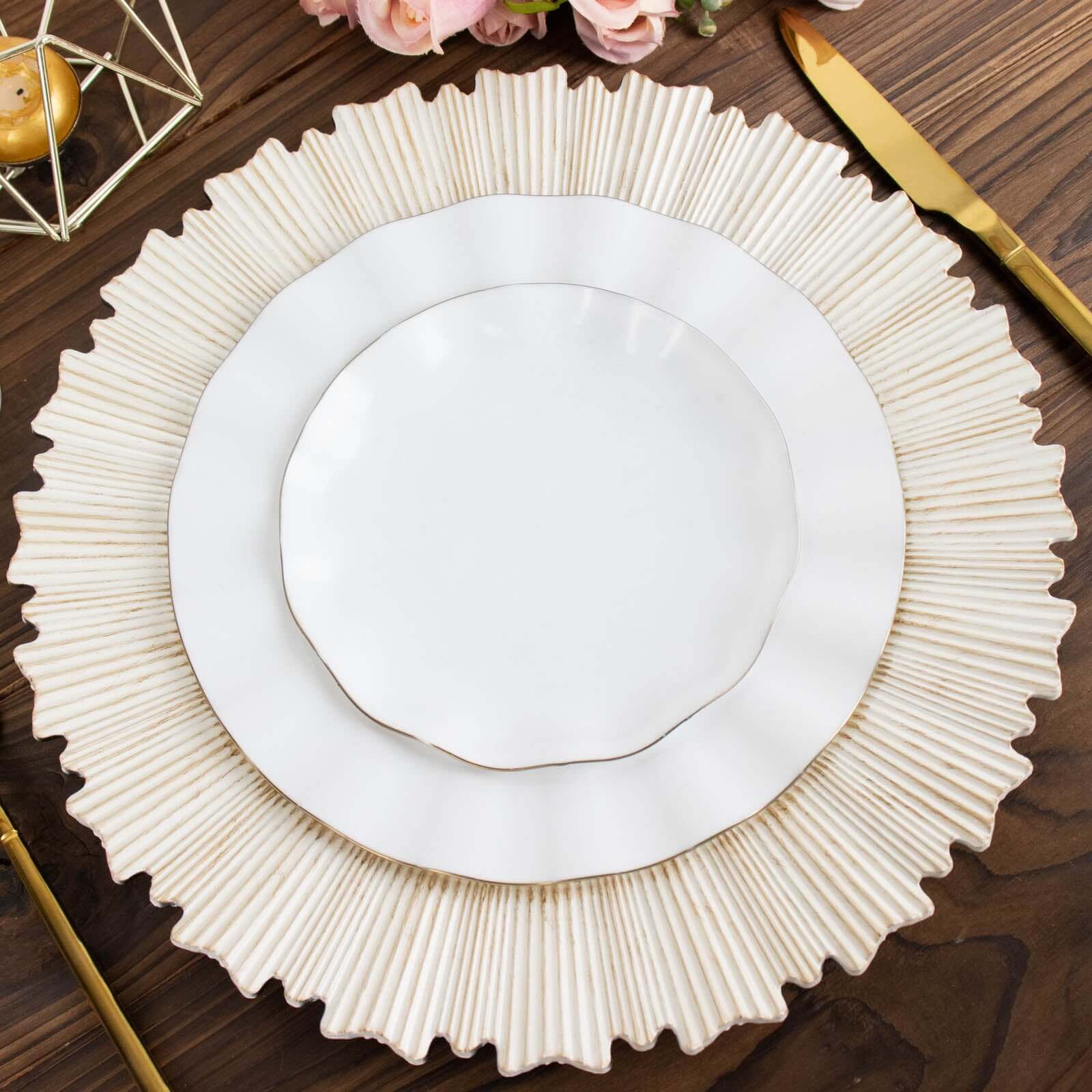 6-Pack Acrylic Plastic Round Charger Plates 13" in Washwhite with Sunray Scalloped Rim, Decorative Dinner Party Charger Tableware