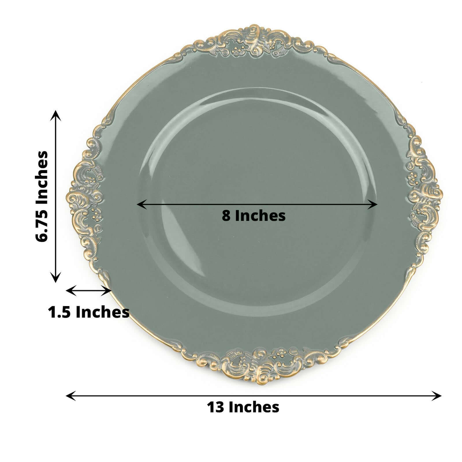6-Pack Acrylic Round Charger Plates 13" in Olive Green with Gold Embossed Baroque Rim, Antique Decorative Dinner Party Charger Tableware