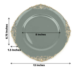 6-Pack Acrylic Round Charger Plates 13" in Olive Green with Gold Embossed Baroque Rim, Antique Decorative Dinner Party Charger Tableware