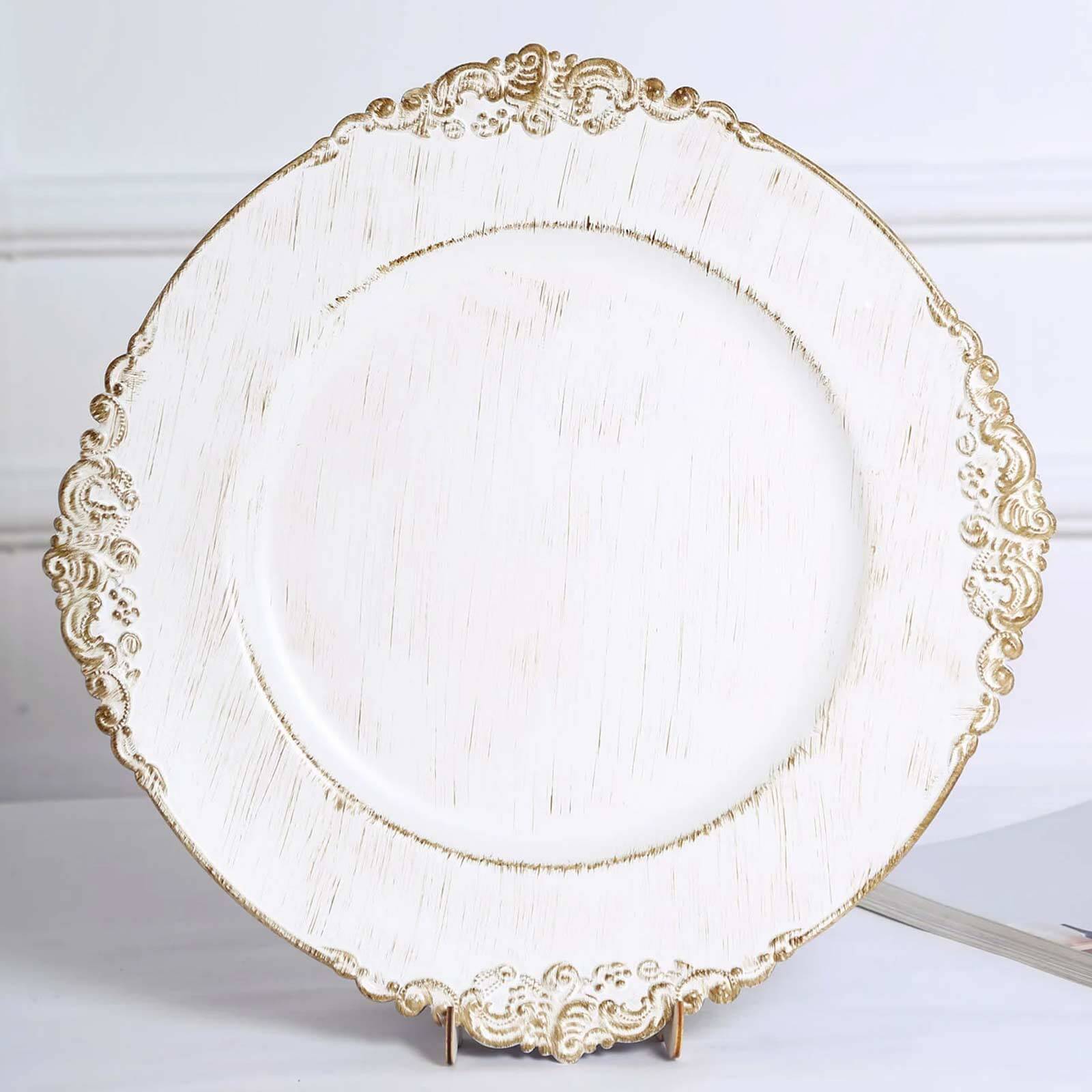 6-Pack Acrylic Round Charger Plates 13" in White Washed with Gold Embossed Baroque Rim, Antique Decorative Dinner Party Charger Tableware