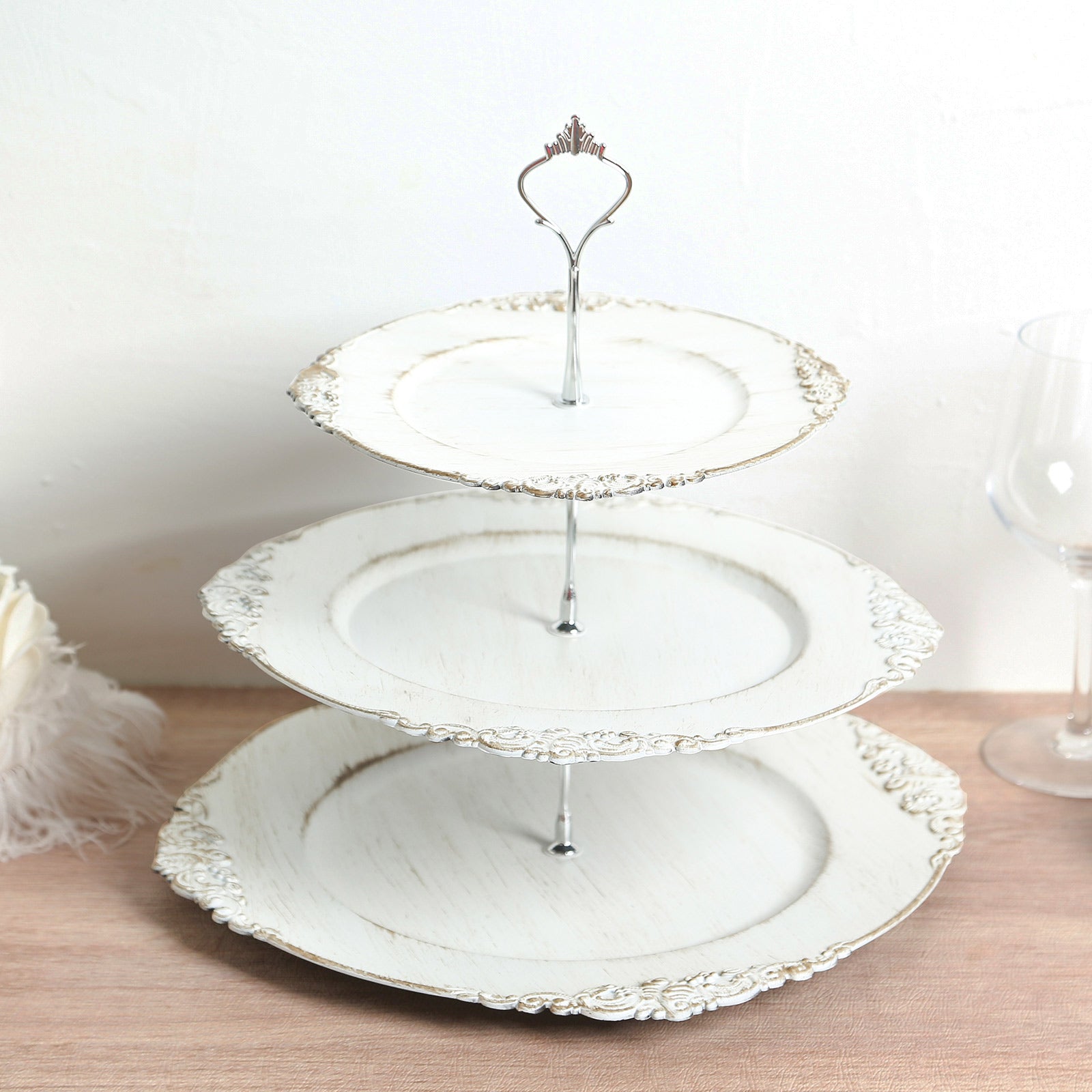 3-Tier Plastic Round Cupcake Stand Whitewashed - Vintage-Inspired Reusable Dessert Display Holder Tea Party Serving Tray Platter with Antique Gold Baroque Rim & Top Handle 13"