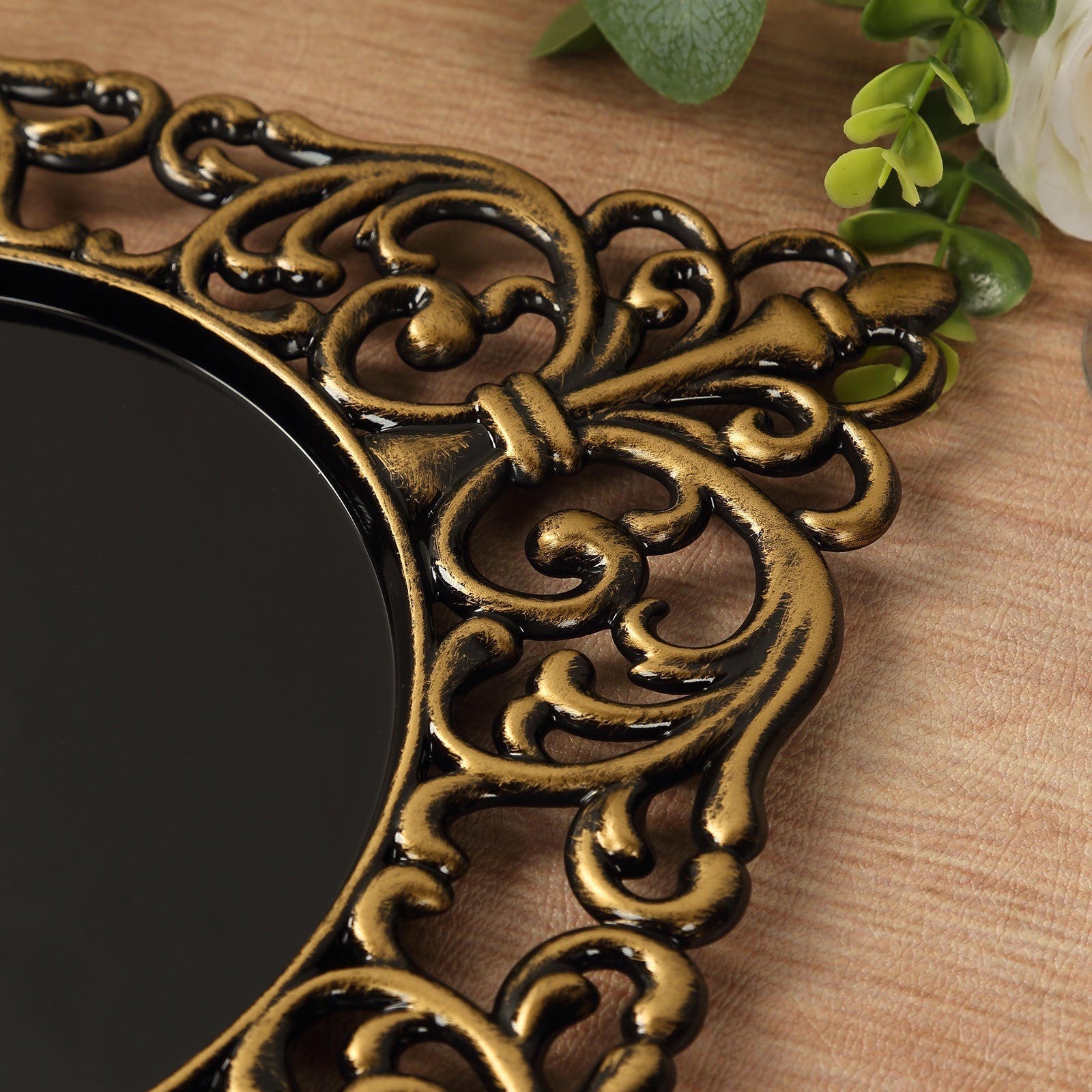6-Pack Acrylic Square Charger Plates 12" in Black with Antique Gold Hollow Lace Border, Event Tabletop Decorative Charger Tableware