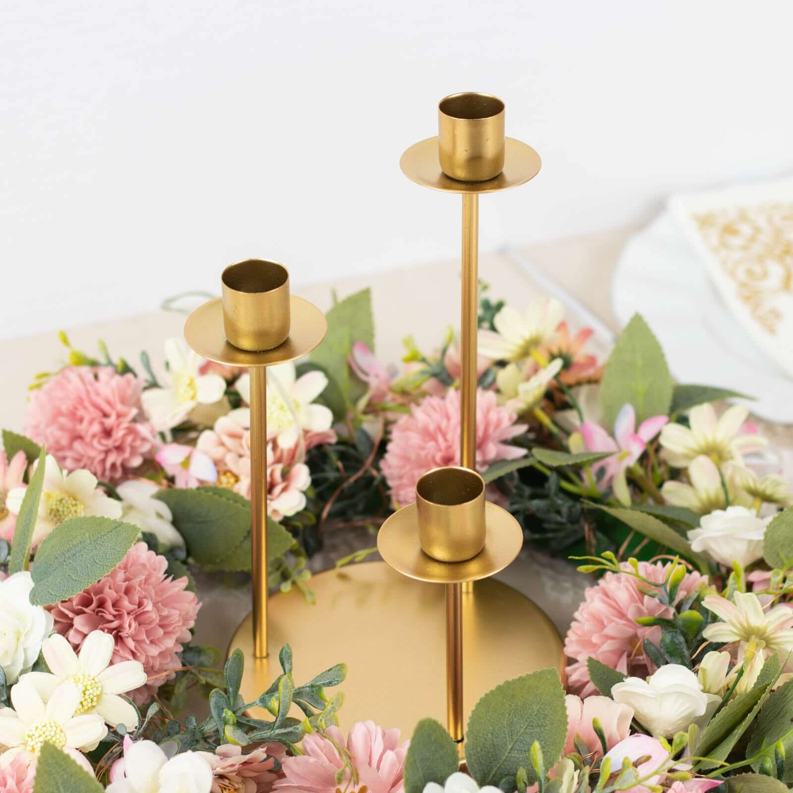 Vintage Candelabra 3-Arm Taper Candle Holder Gold Metal Wedding Table Centerpiece - Stylish Tabletop Accent 10"