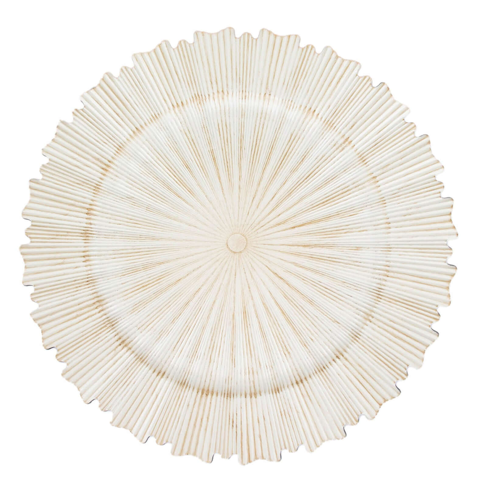 6-Pack Acrylic Plastic Round Charger Plates 13" in Washwhite with Sunray Scalloped Rim, Decorative Dinner Party Charger Tableware