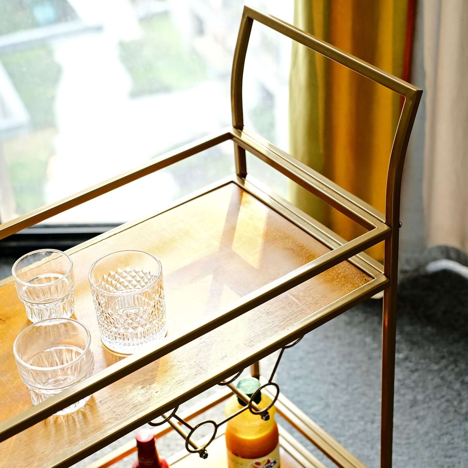 Gold Metal Bar Cart with Wooden Serving Trays 2-Tier - Wine Rack Holds 5 Bottles and 2 Glasses for Events 3ft