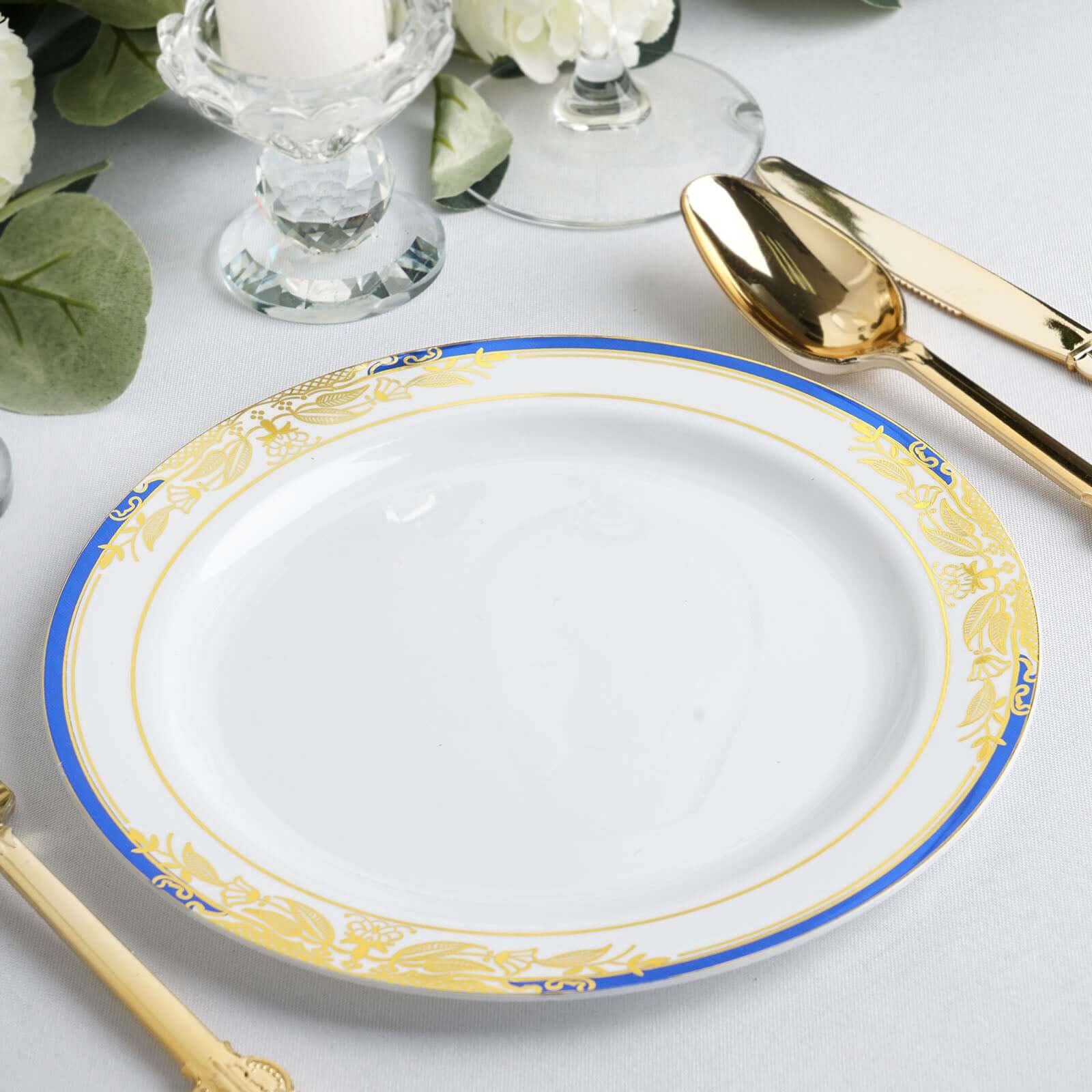 10-Pack Plastic 8" Round Dessert Plates in White with Royal Blue Rim - Stylish Gold Vine Design Disposable Salad/Appetizer Plates for Special Occasions & Celebrations