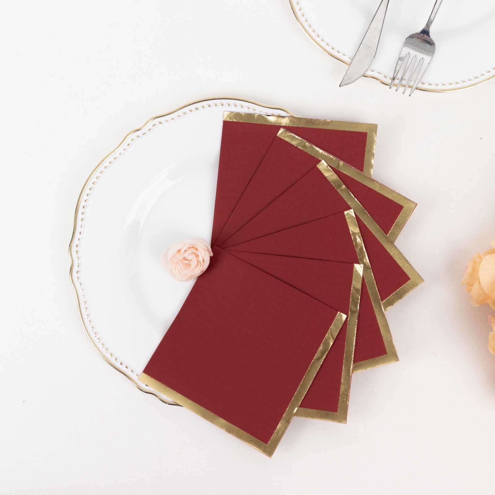 50-Pack Paper Beverage Napkins Burgundy with Gold Foil Edge - 2 Ply Disposable Soft 18GSM Cocktail Napkins 5"x5"