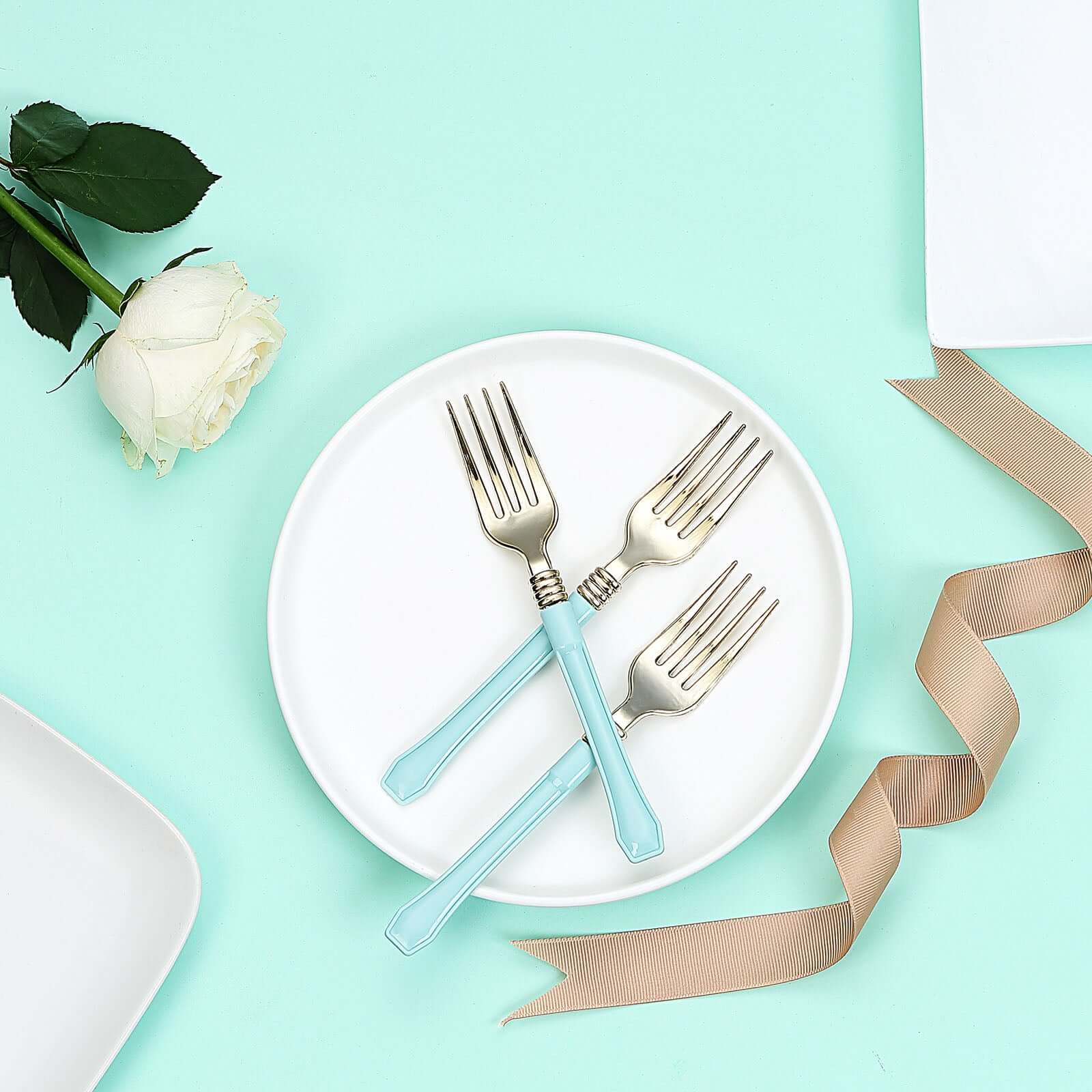 24-Pack Plastic Forks Gold with Light Blue Handles - Durable Food Safe Disposable Silverware for Lunch Buffets & Catering Services 7"