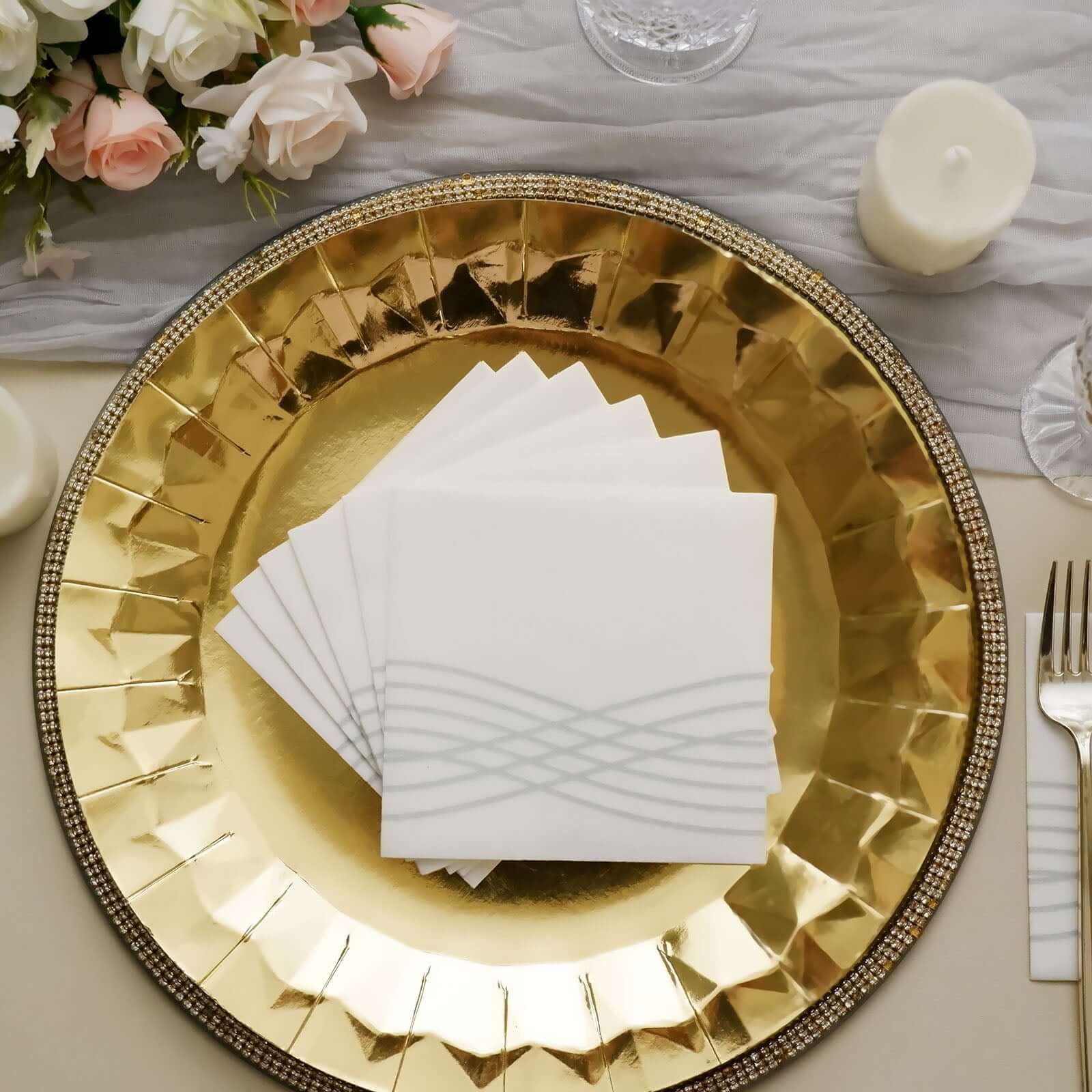 20 Pack Linen-Like Paper 5"x5" Napkins White - Silver Foil Wave Design Airlaid Cocktail Napkins
