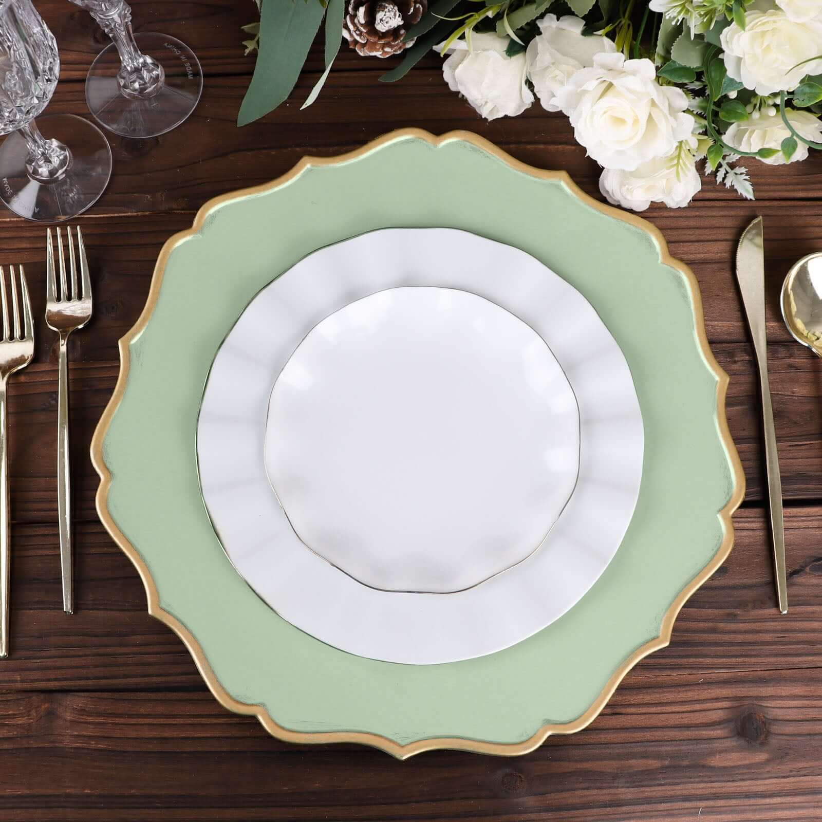 6-Pack Acrylic Round Charger Plates 13" in Sage Sage Green with Gold Scalloped Rim, Decorative Dinner Party Plastic Charger Tableware