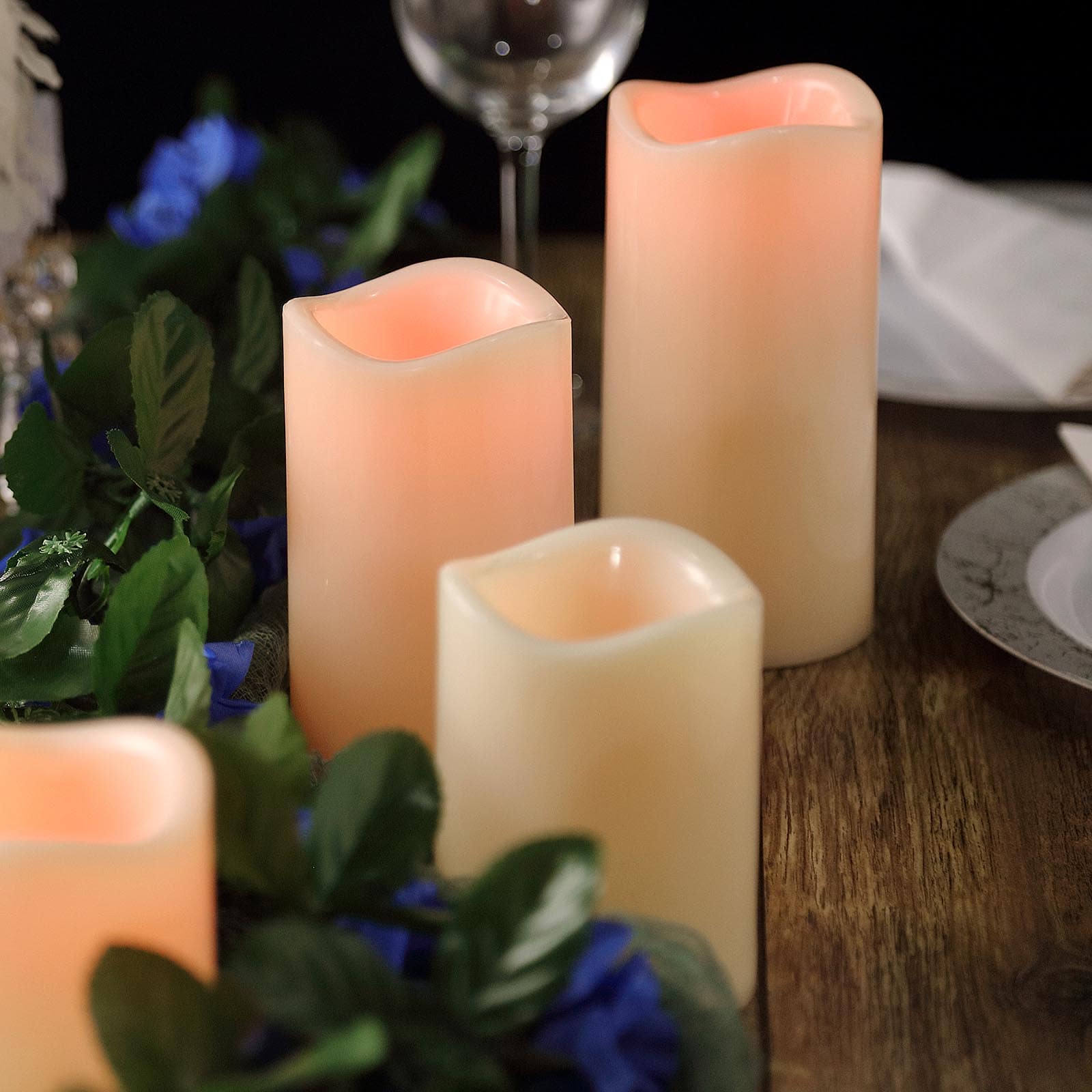 Set of 5 LED Flickering Pillar Candles Color Changing Ivory with Remote - Battery Operated 4", 5", 6"