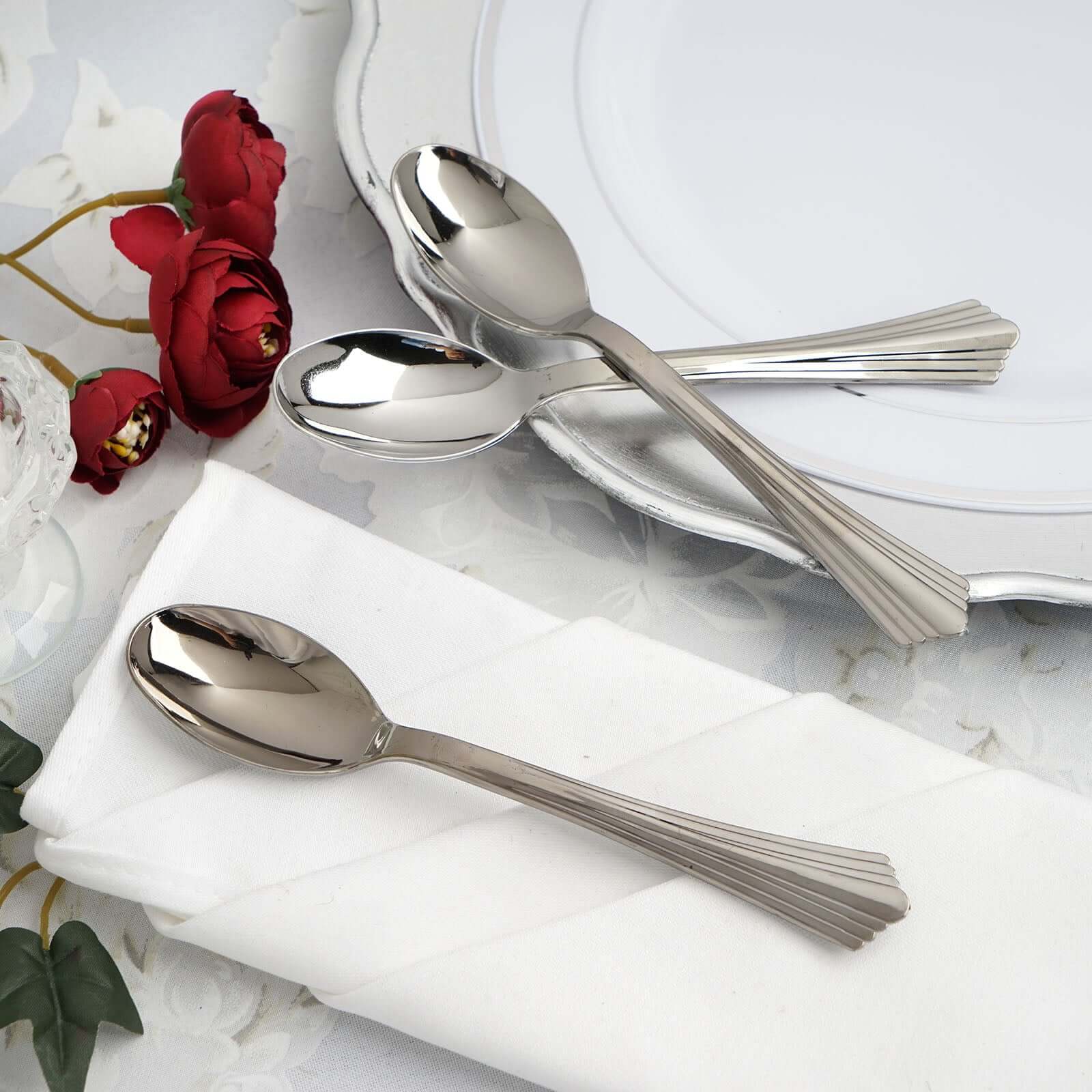 25-Pack Plastic Spoons Heavy Duty Titanium Silver Design - Durable Disposable Utensils for Parties 7"