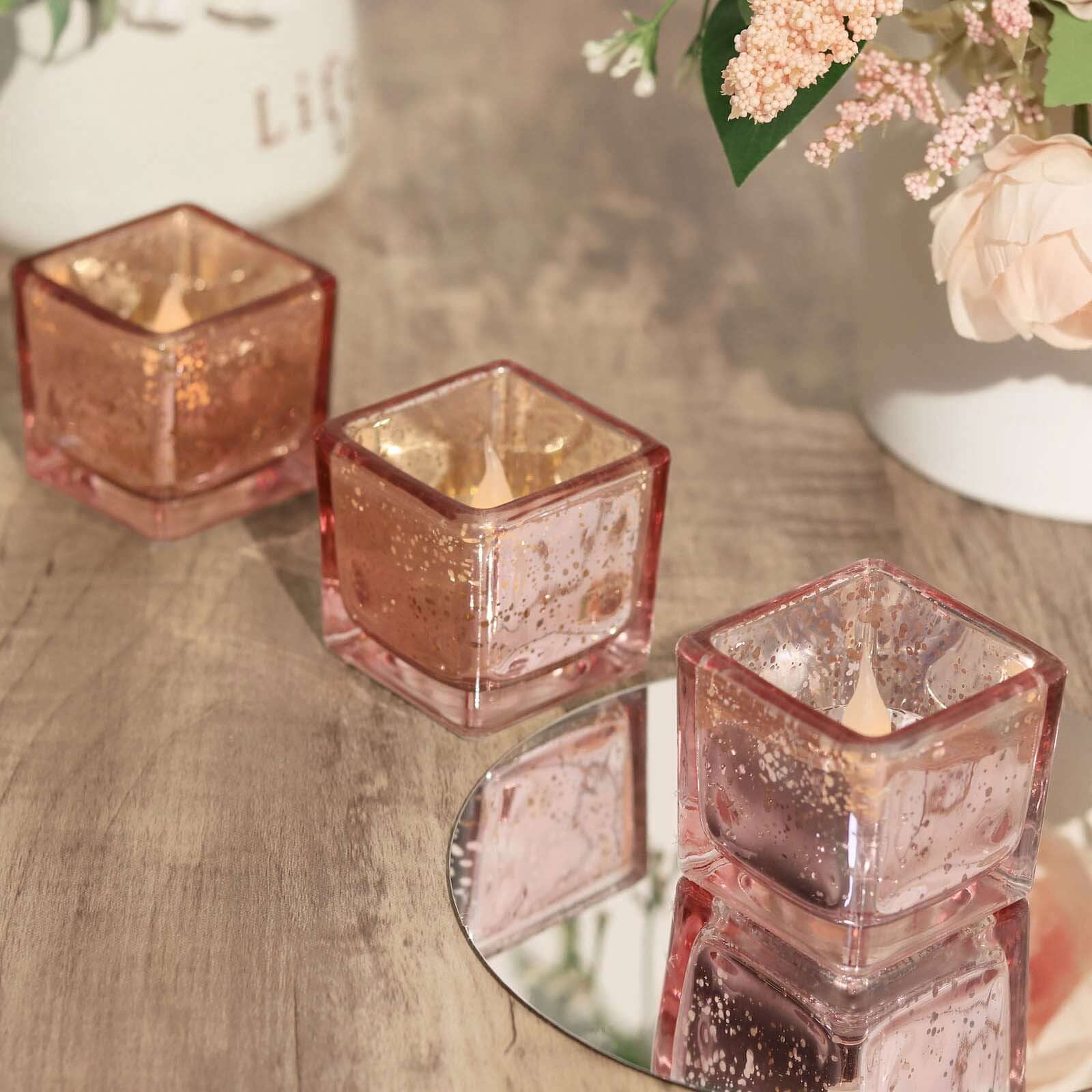 12-Pack Mercury Glass Candle Holders Rose Gold with Speckled Design - Square Votive Tealight Holders 2"