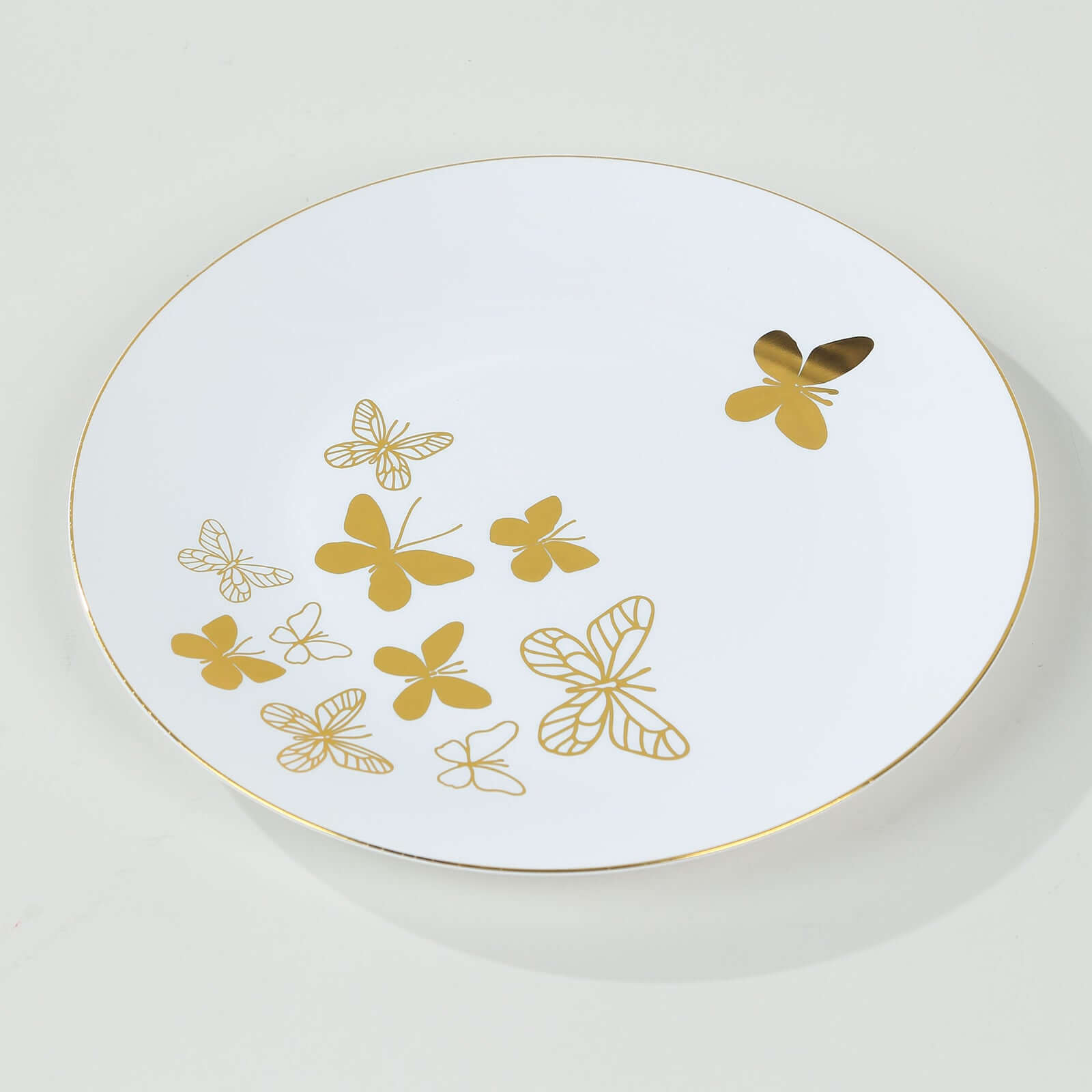 Set of 20 Plastic Round Dinner and Salad Plates in White with Gold Butterfly Design & Gold Rim - Stylish Disposable Dinnerware for Buffets & Catered Events 8", 10"