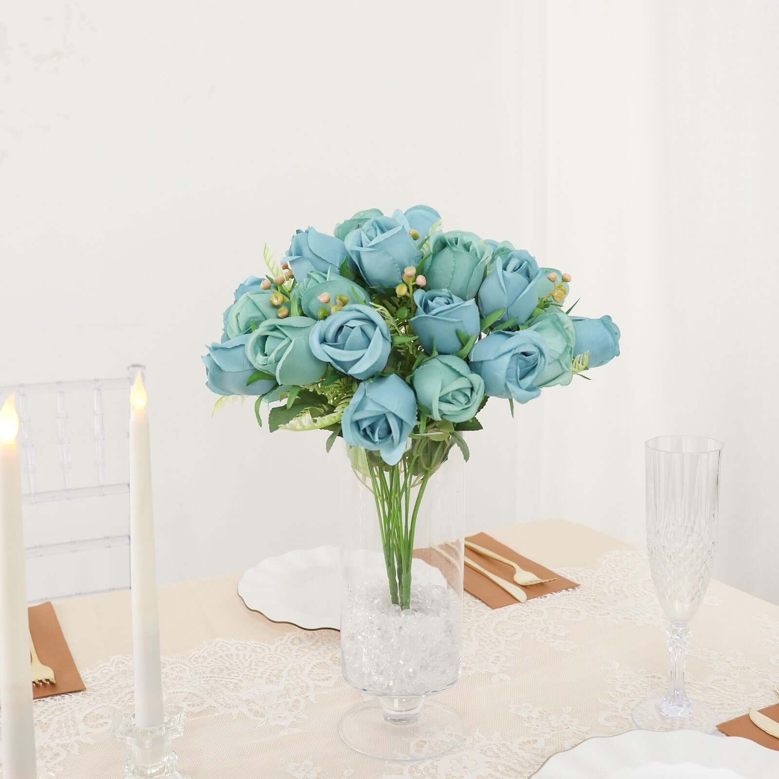 3 Pack 13" Dusty Blue Real Touch Silk Rose Bud Flower Bridal Bouquets, Artificial Floral Bush Arrangements