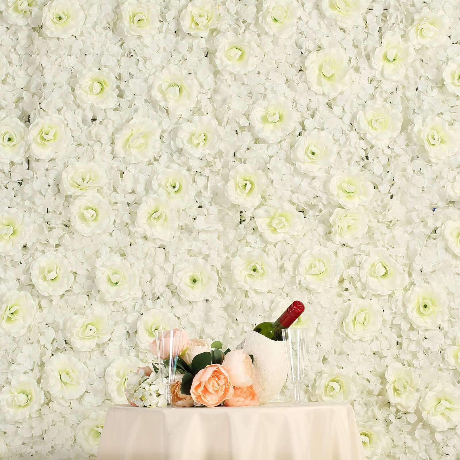 11 Sq ft. Cream 3D Silk Rose and Hydrangea Flower Wall Mat Backdrop - 4 Artificial Panels