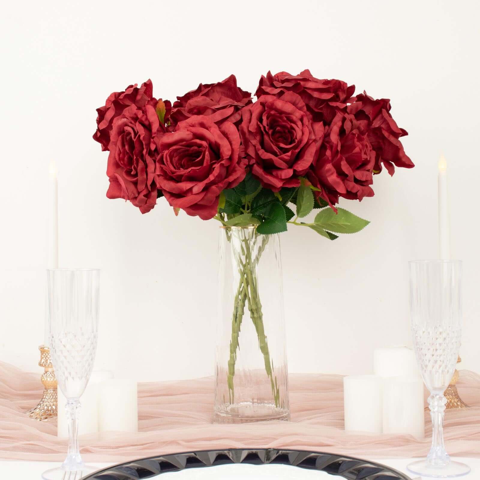 2 Bushes 17" Burgundy Premium Silk Jumbo Rose Flower Bouquet, High Quality Artificial Wedding Floral Arrangements