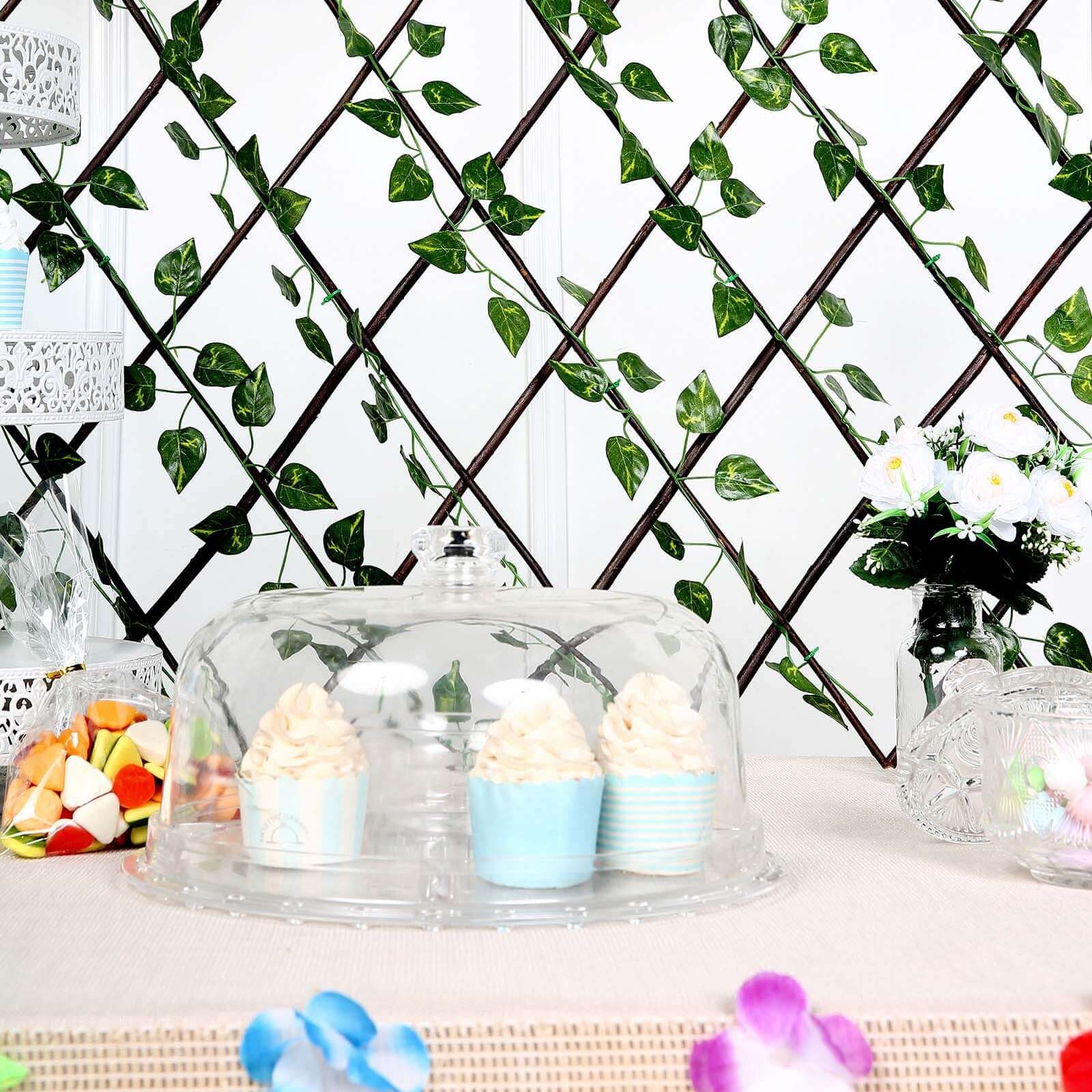 17"x95" Expandable Wooden Lattice Fence With Artificial Ivy Leaf Trellis Vines, Accordion Backdrop Fencing