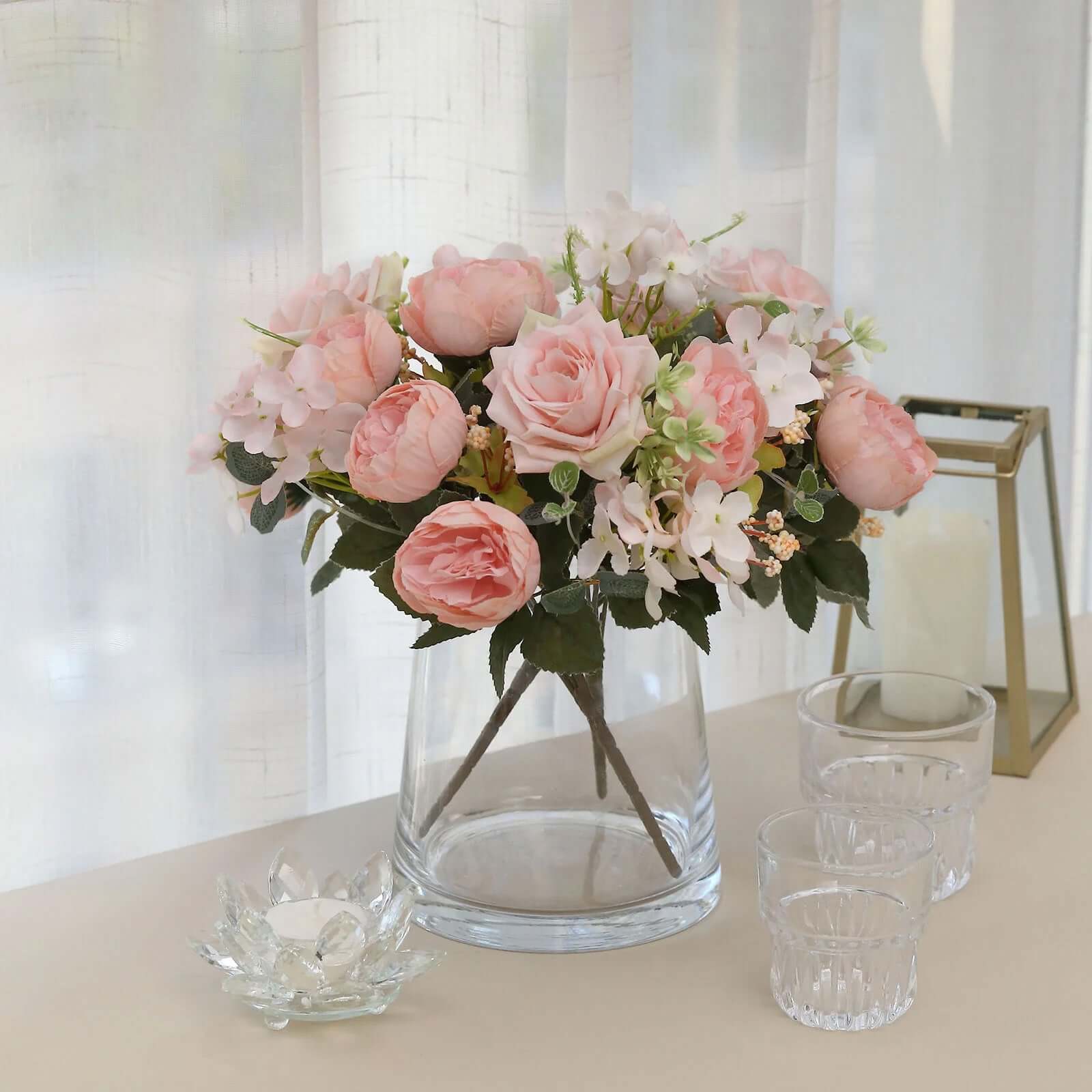 2 Pack Artificial Rose & Peony Floral Arrangements – 12" Blush Silk Bouquets for Weddings & Home Décor