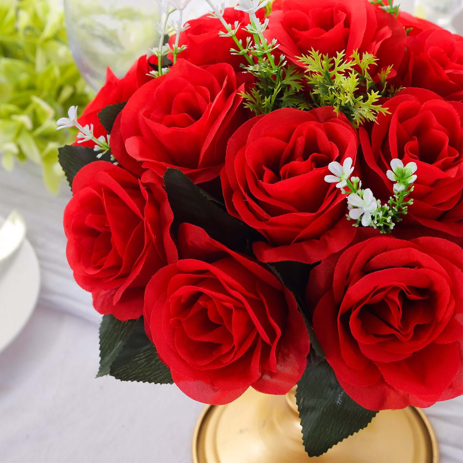 2 Pack Red Silk 15-Head Rose Flower Balls For Centerpieces - 10", Artificial Kissing Ball Floral Arrangements