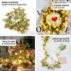 7ft 20 LED Blush Silk Rose Flower Garland Vine String Lights, Warm White Battery Operated