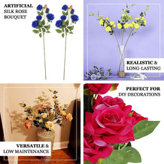 2 Stems 38" Tall Royal Blue Artificial Silk Rose Flower Bouquet Bush