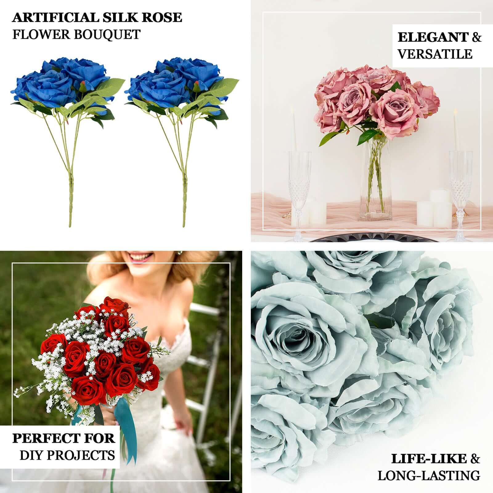 2 Bushes 17" Royal Blue Premium Silk Jumbo Rose Flower Bouquet, High Quality Artificial Wedding Floral Arrangements