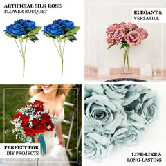 2 Bushes 17" Royal Blue Premium Silk Jumbo Rose Flower Bouquet, High Quality Artificial Wedding Floral Arrangements