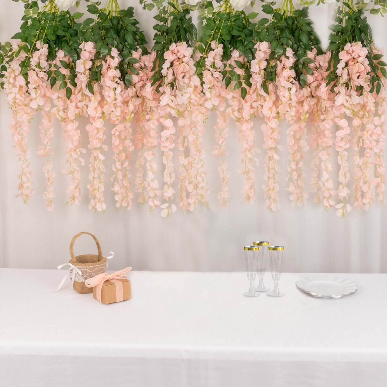 5 Pack 44" Silk Hanging Wisteria Flower Garland Vines in Blush, 3 Strands in 1 Bush