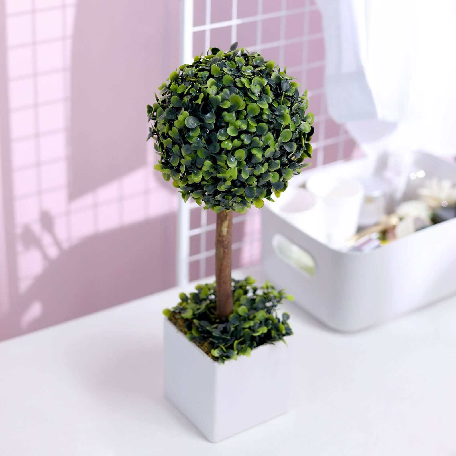 16" Green Artificial Boxwood Topiary Ball Tree In White Planter Pot