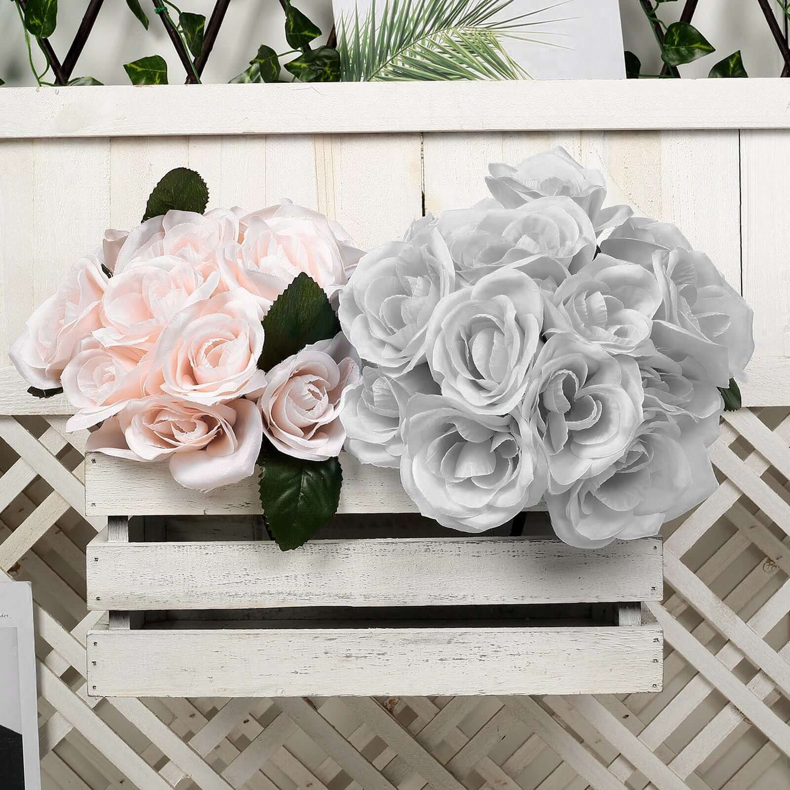 12" Silver Artificial Velvet-Like Fabric Rose Flower Bouquet Bush