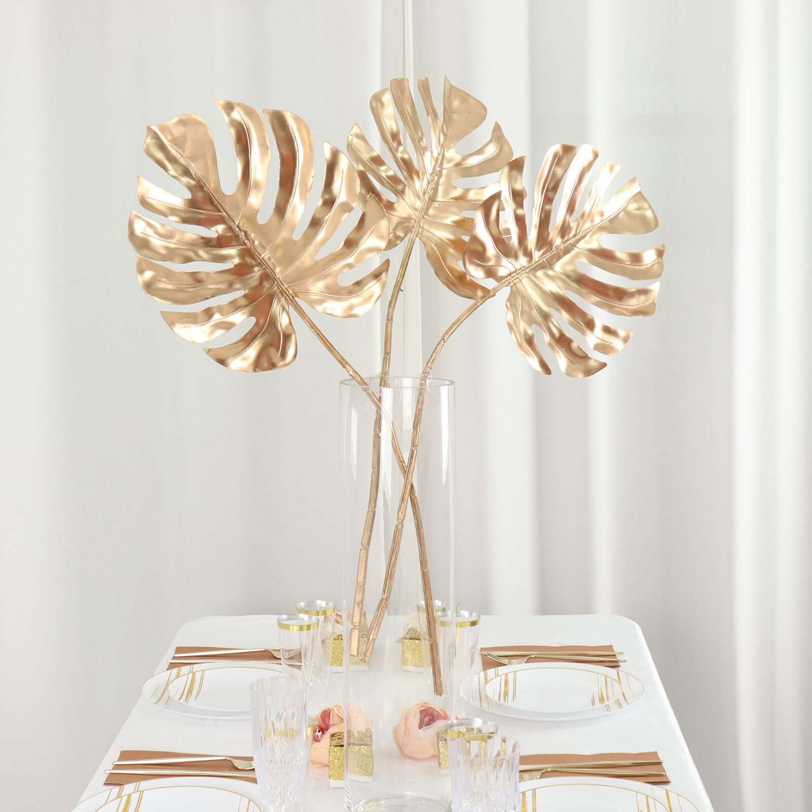 3 Pack 29" Metallic Gold Artificial Monstera Leaf Stems, Faux Palm Leaves, Tropical Floral Arrangements, Faux Plant Vase Filler