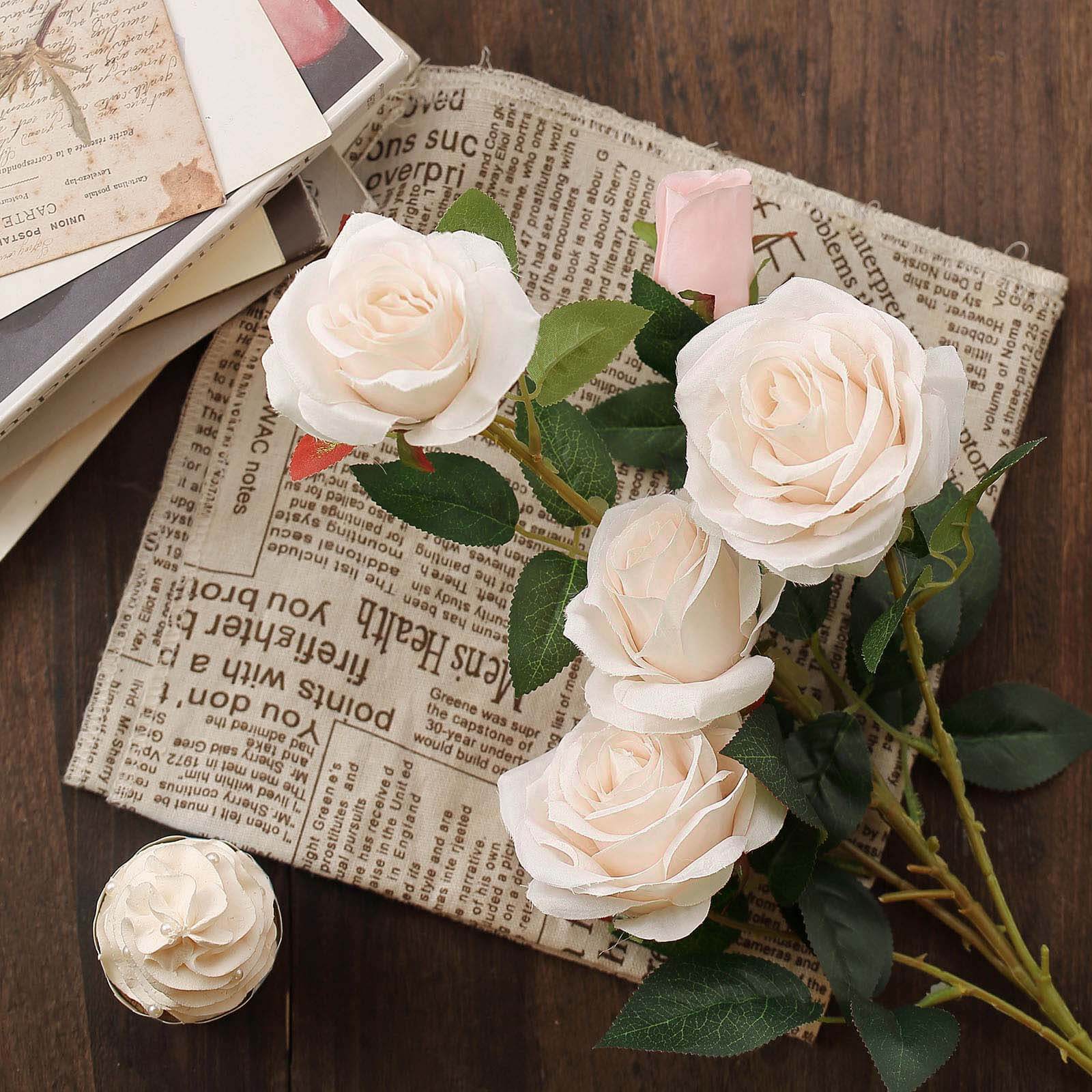 2 Bouquets 33" Tall Blush Artificial Silk Long Stem Rose Bush
