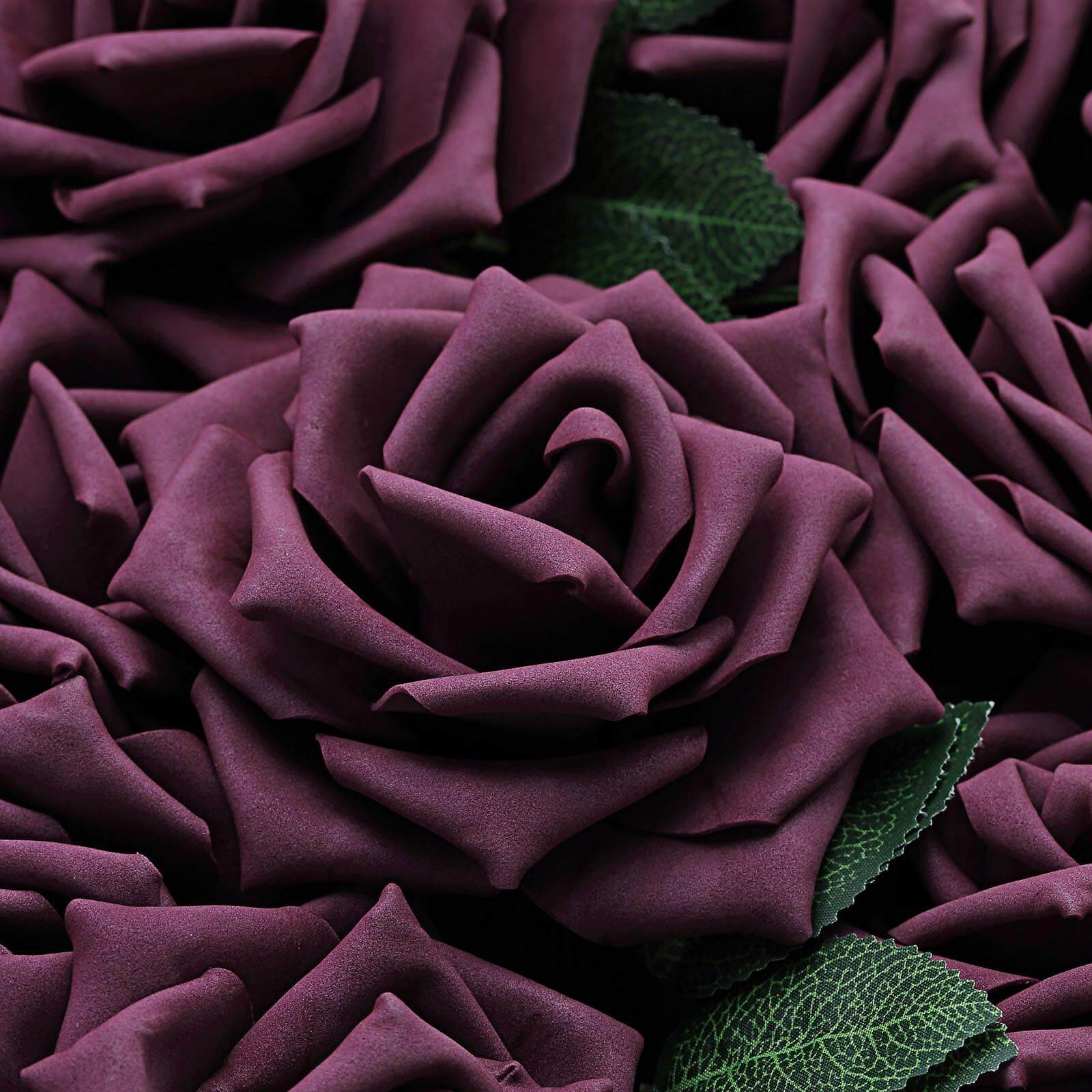 24 Roses 5" Eggplant Artificial Foam Flowers With Stem Wire and Leaves