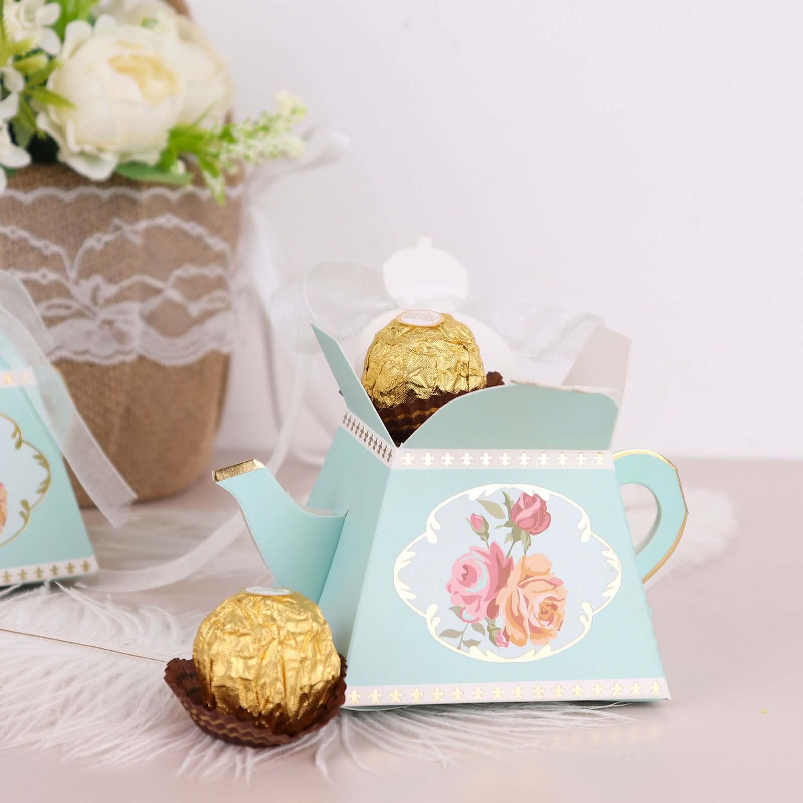 25 Pack 4" Light Turquoise Mini Teapot Favor Boxes, Vintage Rose Gift Boxes with Ribbons