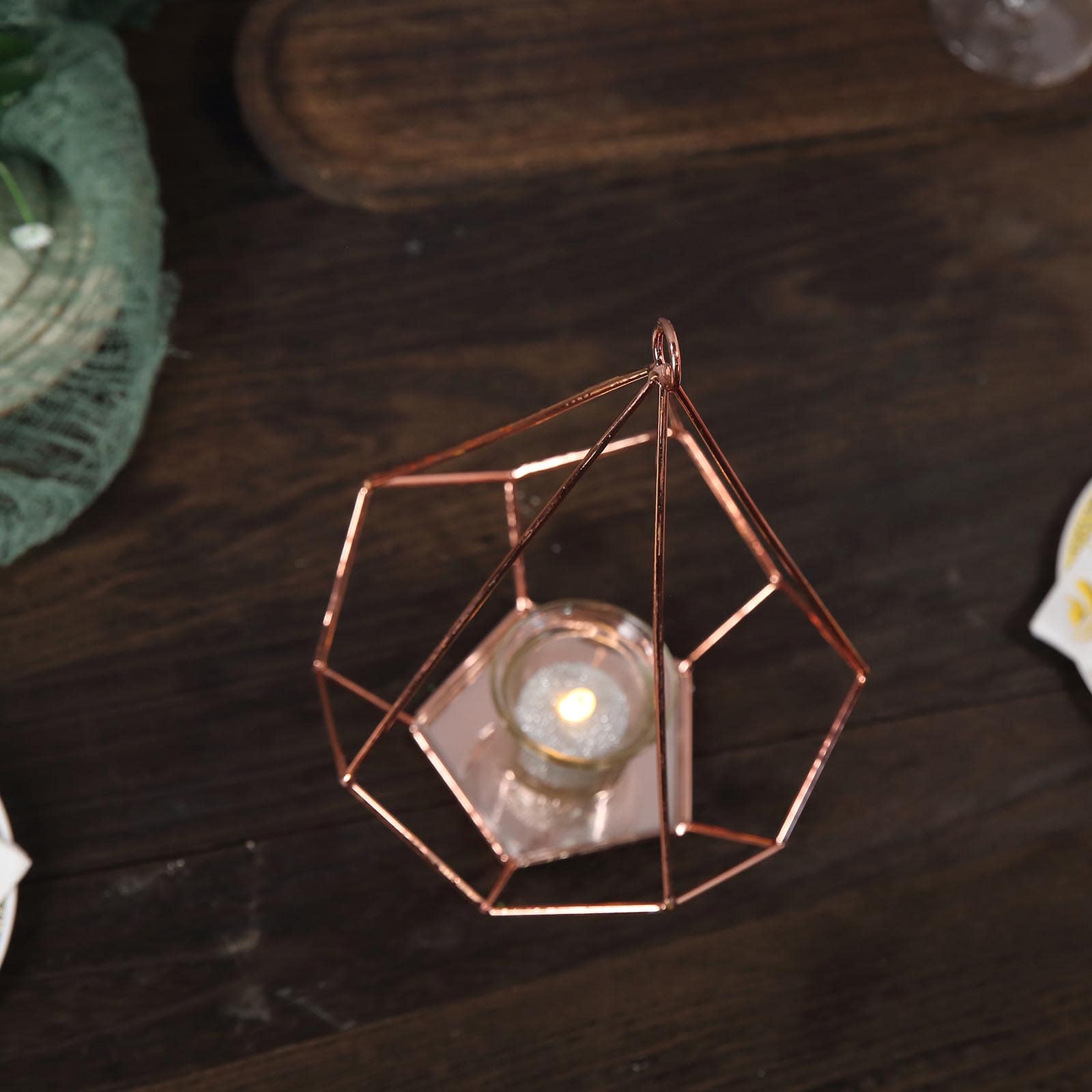 2-Pack Tealight Candle Holders Rose Gold Metal Pentagon Geometric Open Frame - Flower Stand 9"