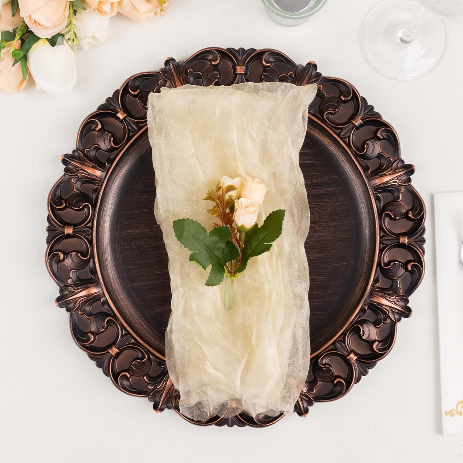 5 Pack Crinkled Organza 21"x21" Napkins Champagne - Rustic Style Dinner & Party Napkins