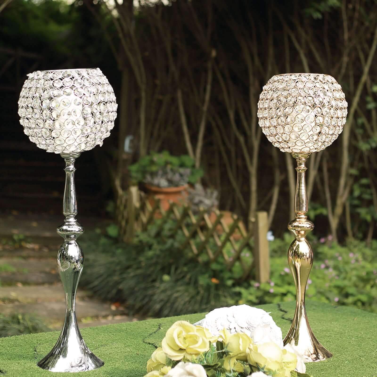Acrylic Crystal Beaded Goblet Candle Holder Silver - Exquisite Flower Ball Centerpiece Stand for High-End Event Styling 30"