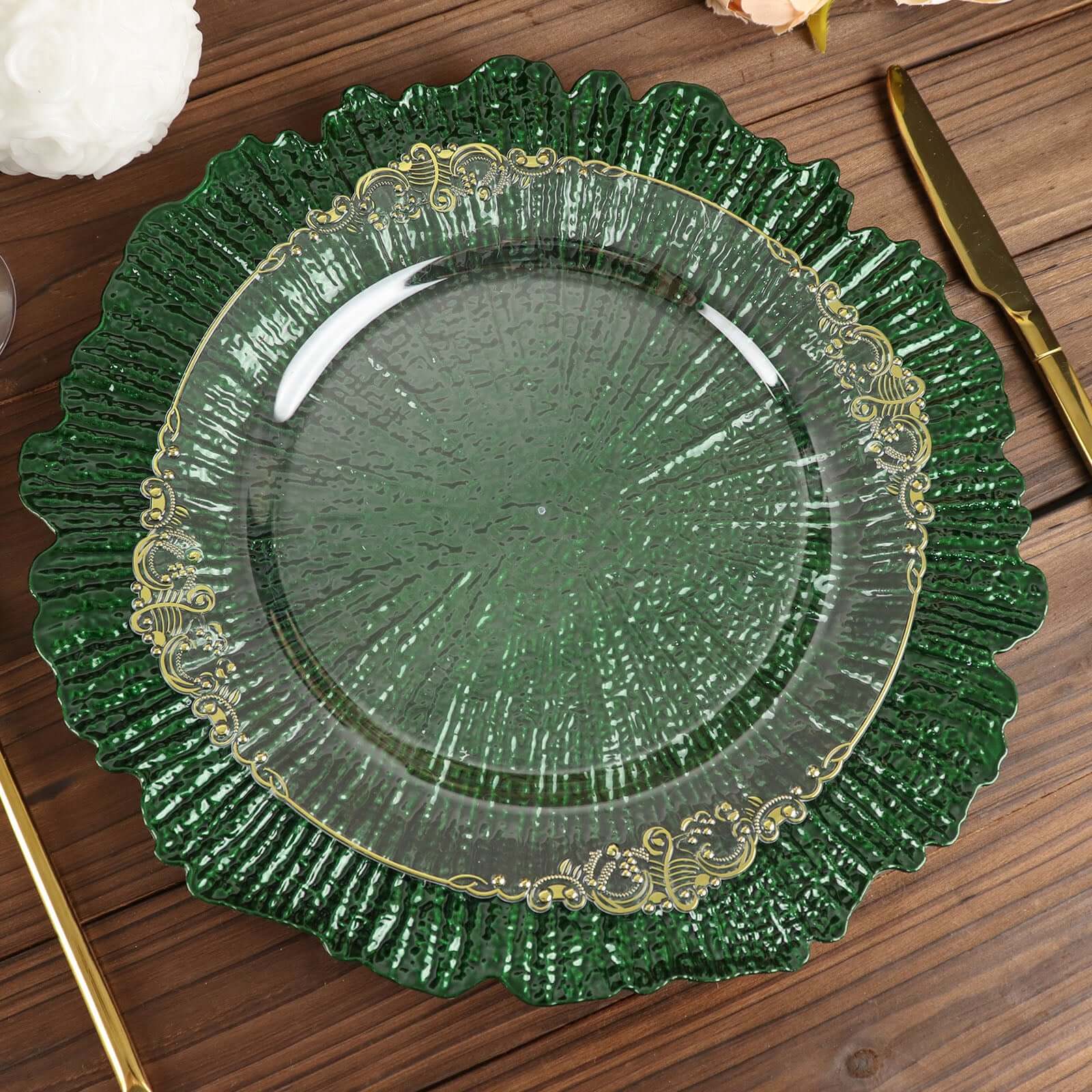 6-Pack Acrylic Plastic Round Charger Plates 13" in Hunter Emerald Green with Reef Design, Dinner Charger Tableware